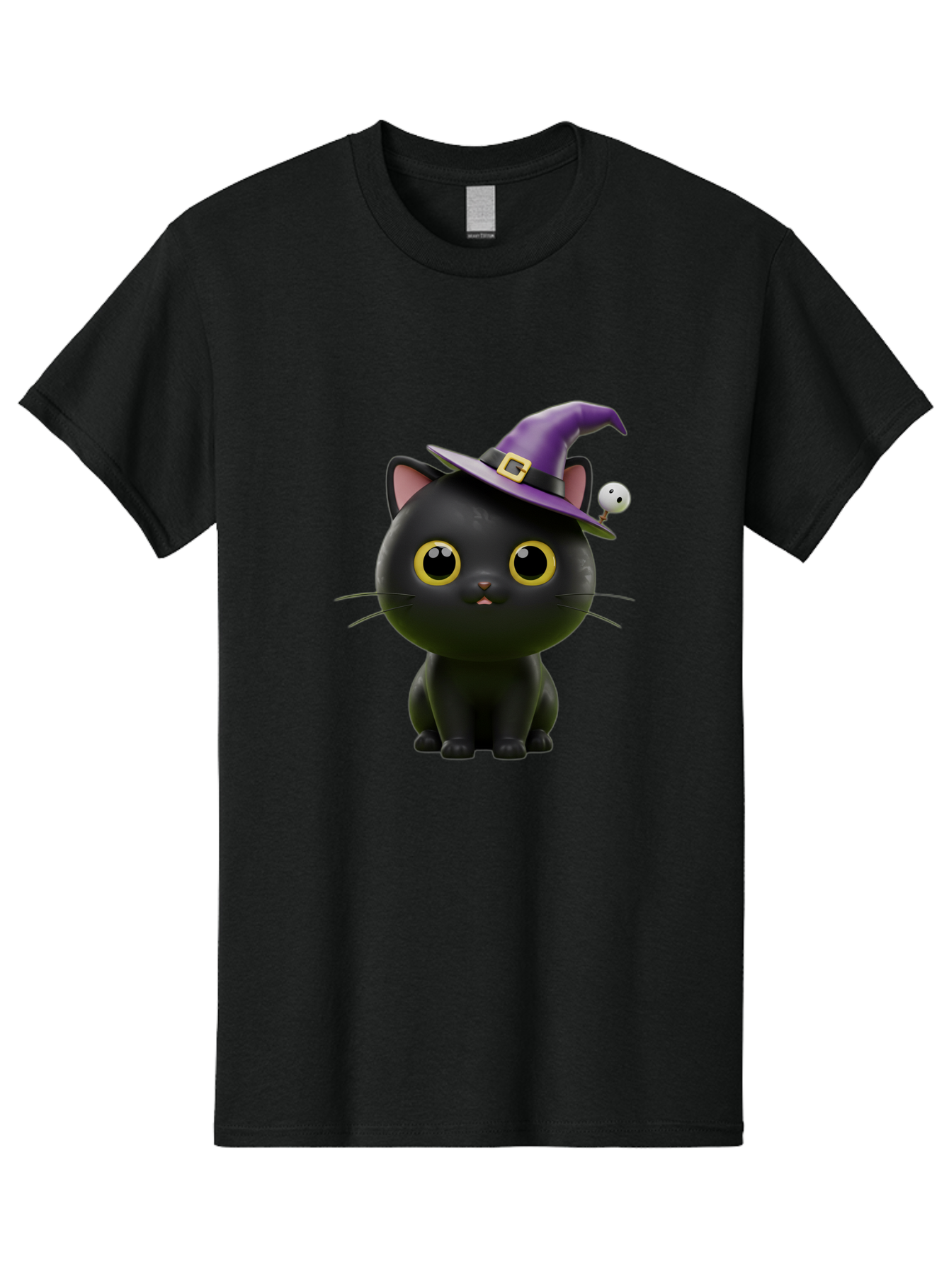 Black-Cat-Witch-1 Men'S Graphic Tee, 100% Cotton, Comfortable Casual Summer Wear, Machine Washable, Black Cat, Purple Witch Hat, Gold Buckle, Spooky Eyes, Cartoon Character, Halloween Theme, Cute Kitty, Witch'S Familiar, Mystical Creature Bac627