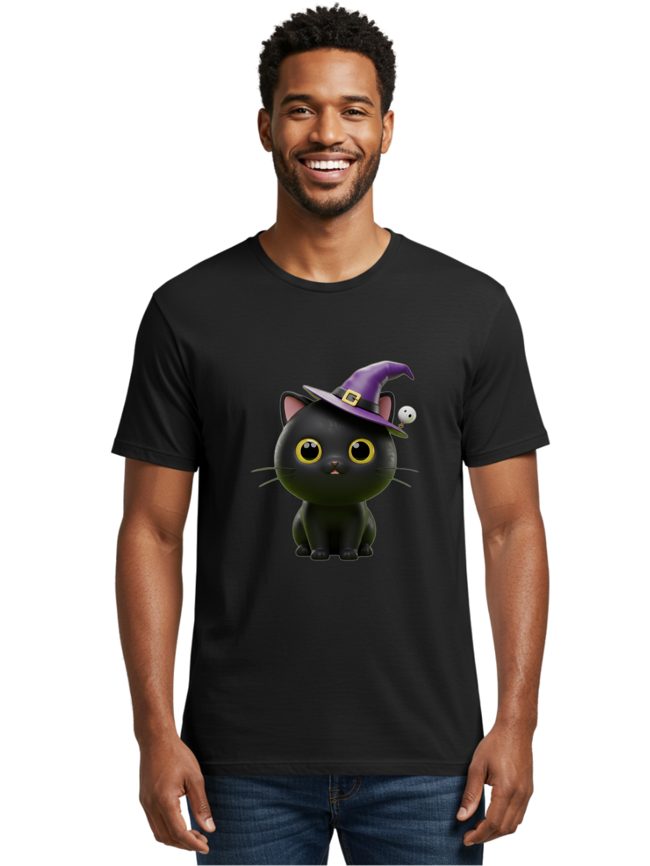 Black-Cat-Witch-1 Men'S Graphic Tee, 100% Cotton, Comfortable Casual Summer Wear, Machine Washable, Black Cat, Purple Witch Hat, Gold Buckle, Spooky Eyes, Cartoon Character, Halloween Theme, Cute Kitty, Witch'S Familiar, Mystical Creature Bac627