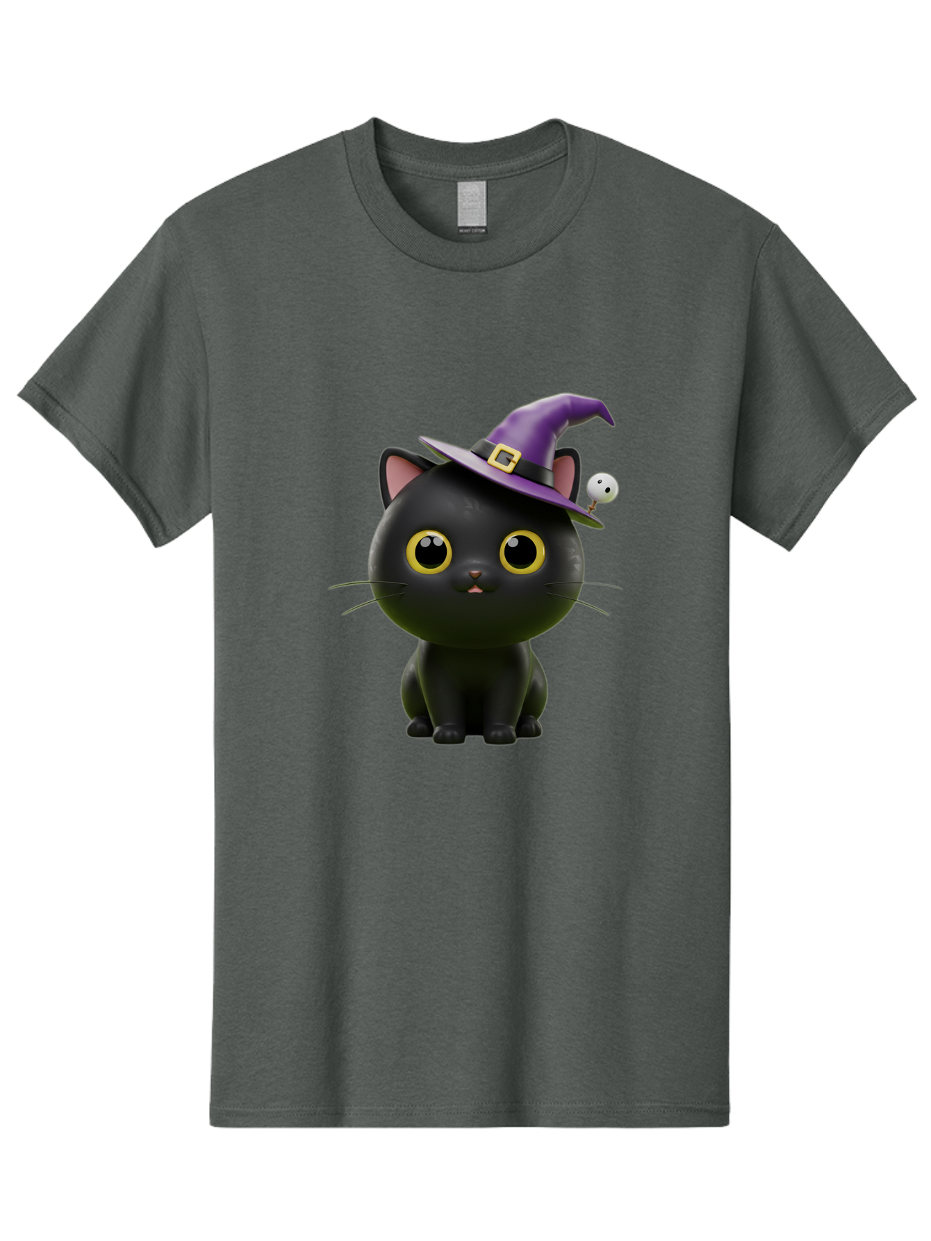Black-Cat-Witch-1 Men'S Graphic Tee, 100% Cotton, Comfortable Casual Summer Wear, Machine Washable, Black Cat, Purple Witch Hat, Gold Buckle, Spooky Eyes, Cartoon Character, Halloween Theme, Cute Kitty, Witch'S Familiar, Mystical Creature Bac627