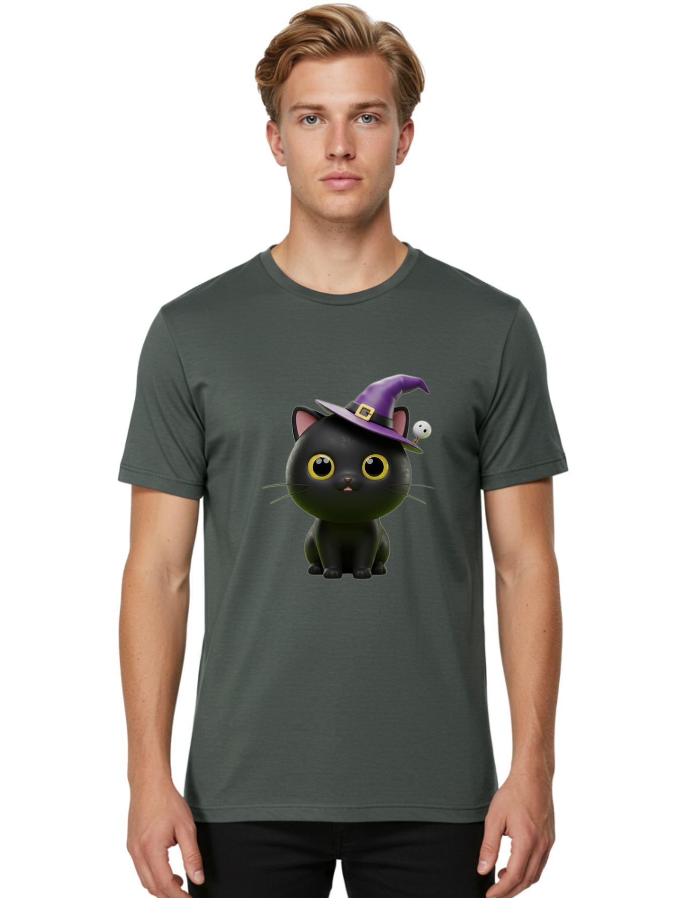Black-Cat-Witch-1 Men'S Graphic Tee, 100% Cotton, Comfortable Casual Summer Wear, Machine Washable, Black Cat, Purple Witch Hat, Gold Buckle, Spooky Eyes, Cartoon Character, Halloween Theme, Cute Kitty, Witch'S Familiar, Mystical Creature Bac627