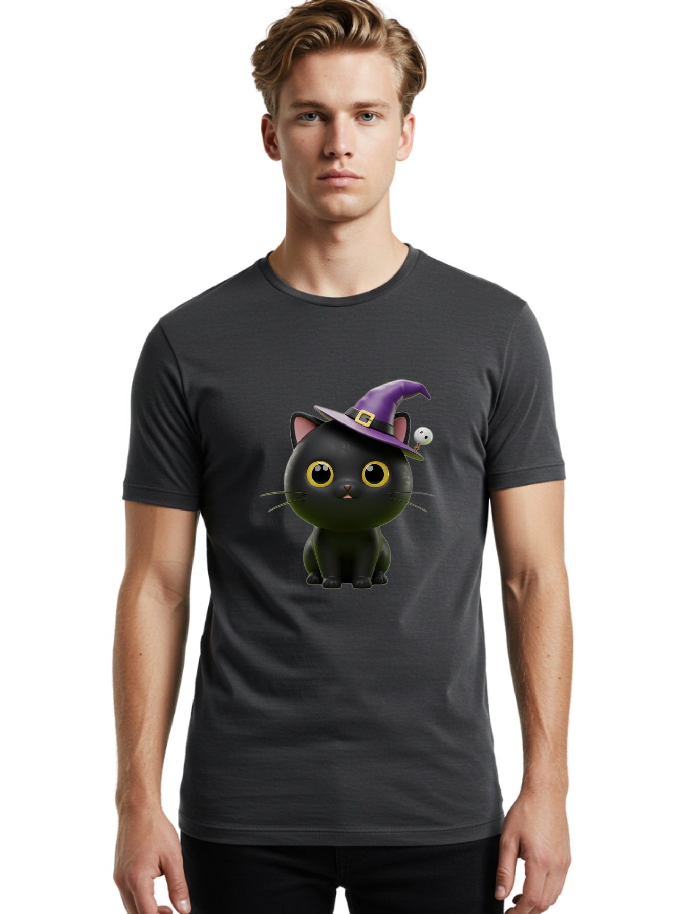 Black-Cat-Witch-1 Men'S Graphic Tee, 100% Cotton, Comfortable Casual Summer Wear, Machine Washable, Black Cat, Purple Witch Hat, Gold Buckle, Spooky Eyes, Cartoon Character, Halloween Theme, Cute Kitty, Witch'S Familiar, Mystical Creature Bac627