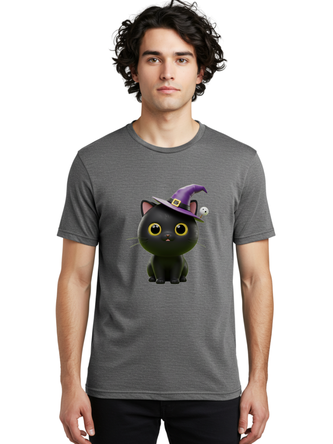 Black-Cat-Witch-1 Men'S Graphic Tee, 100% Cotton, Comfortable Casual Summer Wear, Machine Washable, Black Cat, Purple Witch Hat, Gold Buckle, Spooky Eyes, Cartoon Character, Halloween Theme, Cute Kitty, Witch'S Familiar, Mystical Creature Bac627