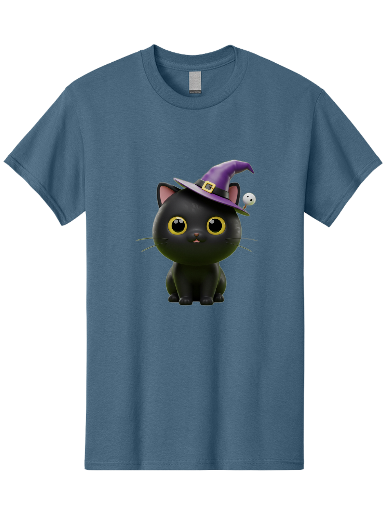 Black-Cat-Witch-1 Men'S Graphic Tee, 100% Cotton, Comfortable Casual Summer Wear, Machine Washable, Black Cat, Purple Witch Hat, Gold Buckle, Spooky Eyes, Cartoon Character, Halloween Theme, Cute Kitty, Witch'S Familiar, Mystical Creature Bac627