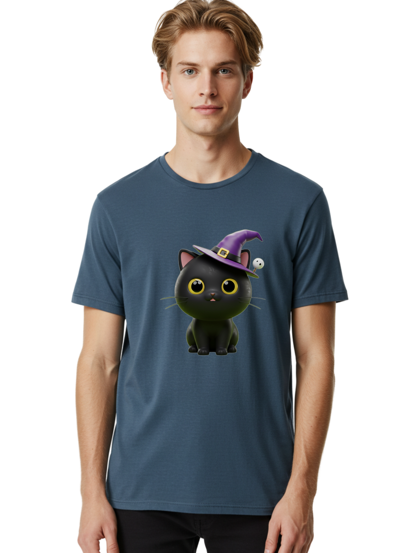 Black-Cat-Witch-1 Men'S Graphic Tee, 100% Cotton, Comfortable Casual Summer Wear, Machine Washable, Black Cat, Purple Witch Hat, Gold Buckle, Spooky Eyes, Cartoon Character, Halloween Theme, Cute Kitty, Witch'S Familiar, Mystical Creature Bac627