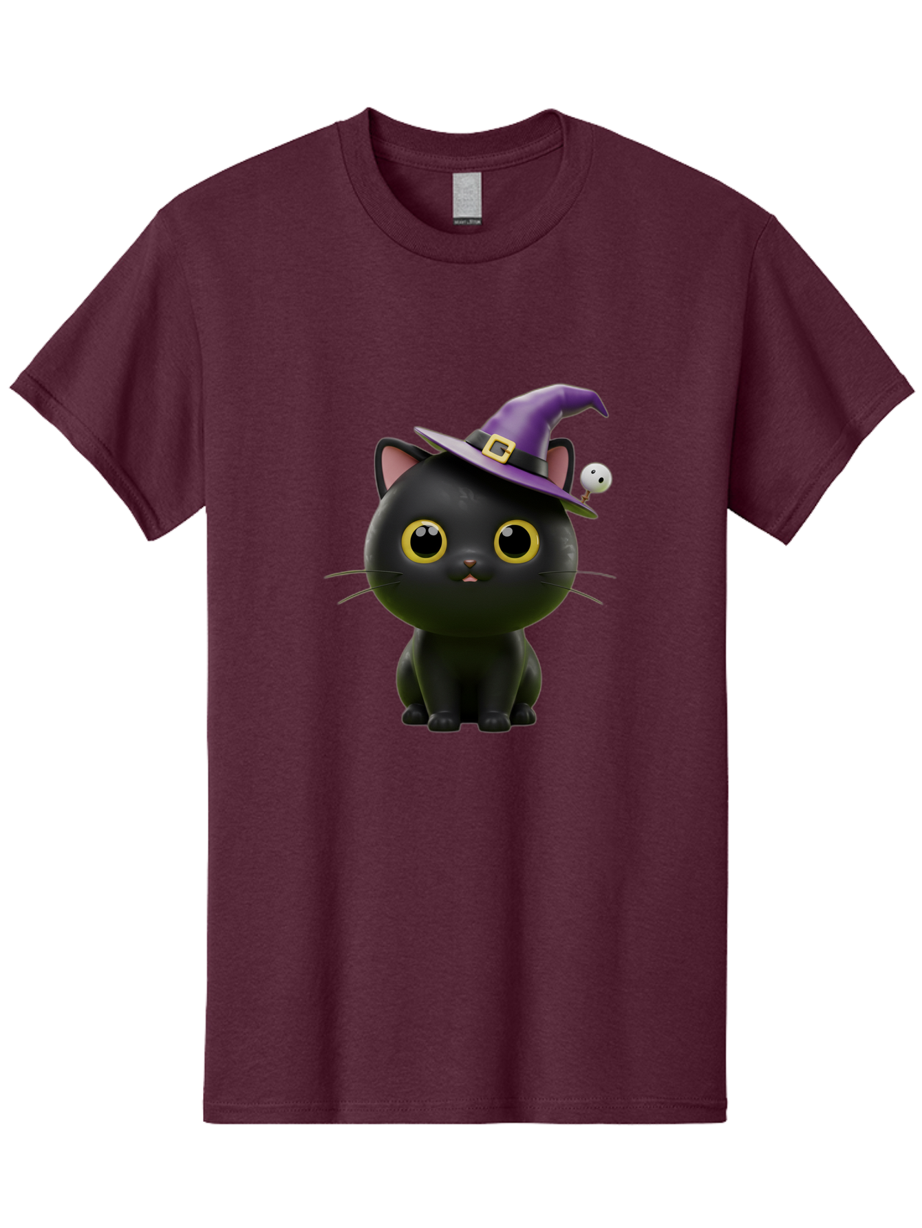 Black-Cat-Witch-1 Men'S Graphic Tee, 100% Cotton, Comfortable Casual Summer Wear, Machine Washable, Black Cat, Purple Witch Hat, Gold Buckle, Spooky Eyes, Cartoon Character, Halloween Theme, Cute Kitty, Witch'S Familiar, Mystical Creature Bac627