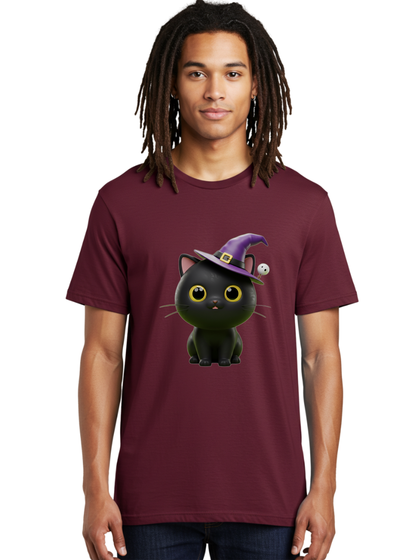 Black-Cat-Witch-1 Men'S Graphic Tee, 100% Cotton, Comfortable Casual Summer Wear, Machine Washable, Black Cat, Purple Witch Hat, Gold Buckle, Spooky Eyes, Cartoon Character, Halloween Theme, Cute Kitty, Witch'S Familiar, Mystical Creature Bac627