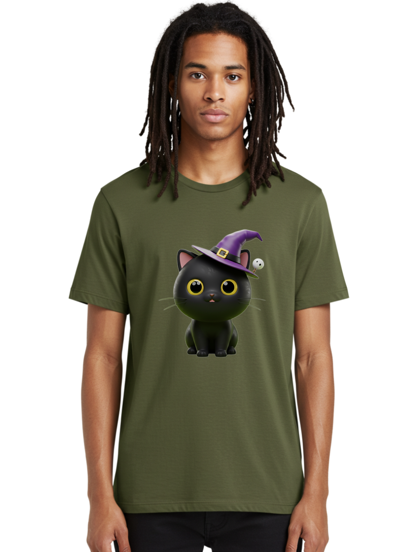 Black-Cat-Witch-1 Men'S Graphic Tee, 100% Cotton, Comfortable Casual Summer Wear, Machine Washable, Black Cat, Purple Witch Hat, Gold Buckle, Spooky Eyes, Cartoon Character, Halloween Theme, Cute Kitty, Witch'S Familiar, Mystical Creature Bac627