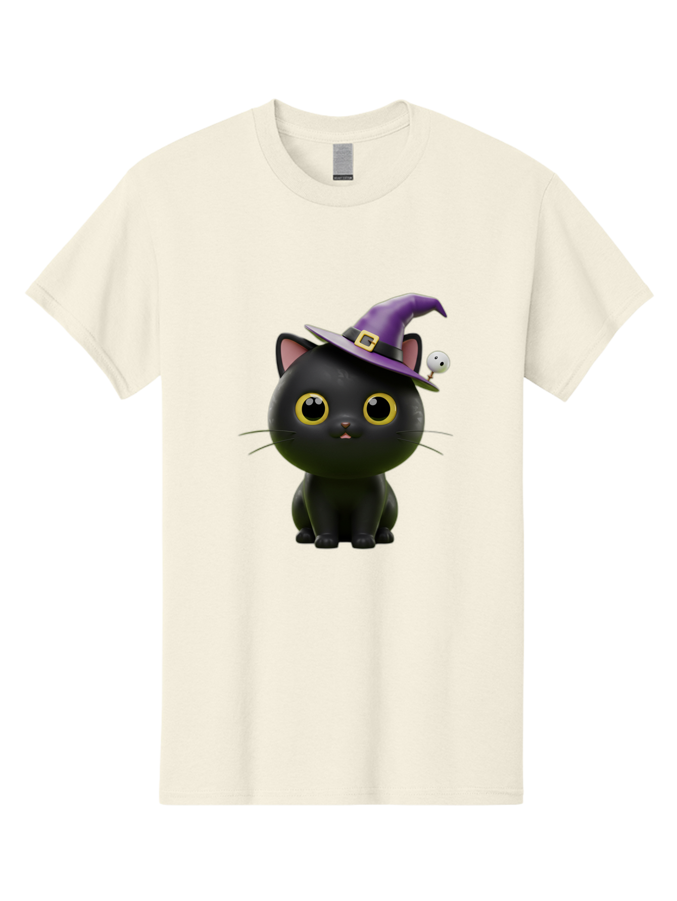 Black-Cat-Witch-1 Men'S Graphic Tee, 100% Cotton, Comfortable Casual Summer Wear, Machine Washable, Black Cat, Purple Witch Hat, Gold Buckle, Spooky Eyes, Cartoon Character, Halloween Theme, Cute Kitty, Witch'S Familiar, Mystical Creature Bac627