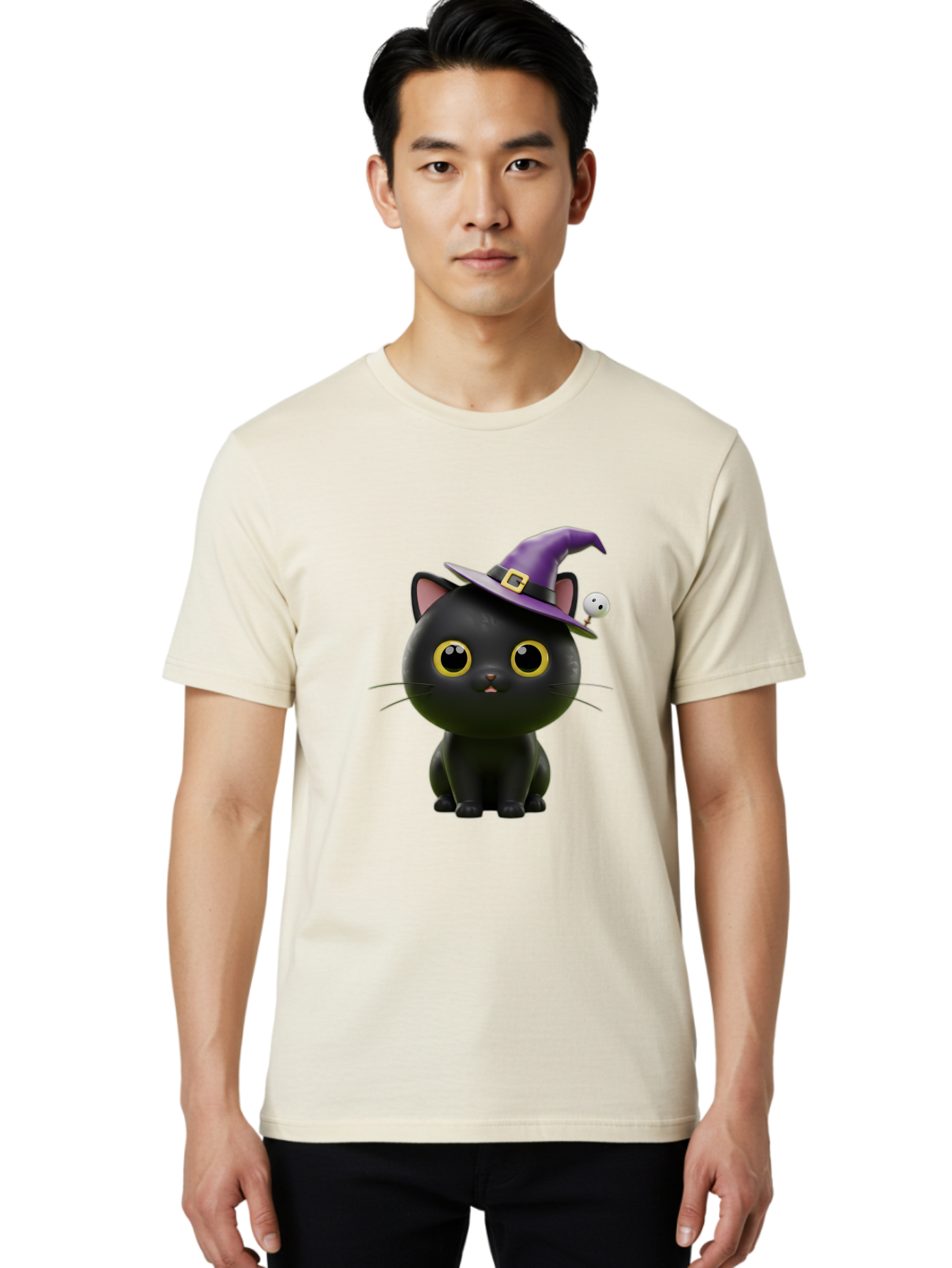 Black-Cat-Witch-1 Men'S Graphic Tee, 100% Cotton, Comfortable Casual Summer Wear, Machine Washable, Black Cat, Purple Witch Hat, Gold Buckle, Spooky Eyes, Cartoon Character, Halloween Theme, Cute Kitty, Witch'S Familiar, Mystical Creature Bac627
