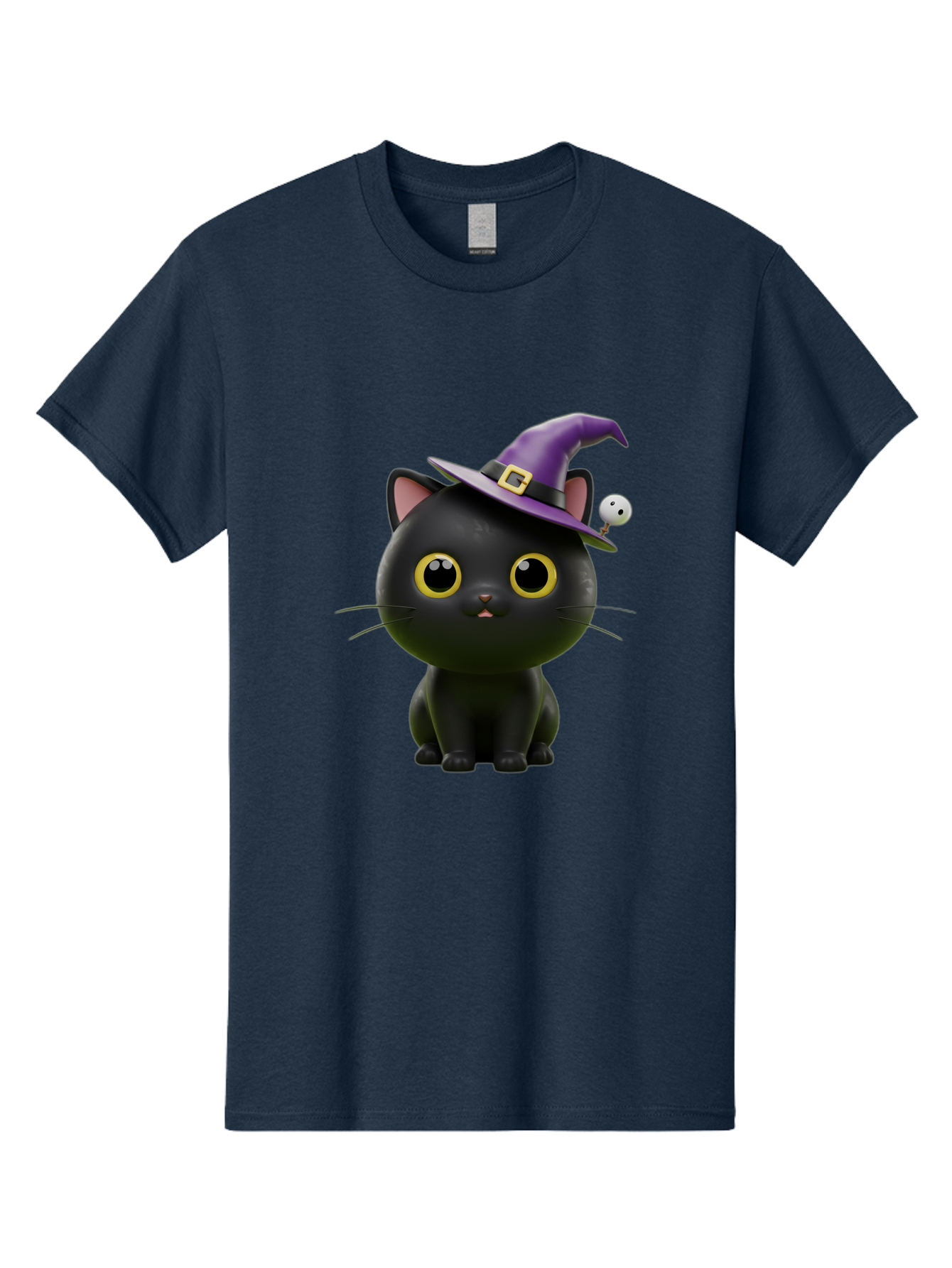 Black-Cat-Witch-1 Men'S Graphic Tee, 100% Cotton, Comfortable Casual Summer Wear, Machine Washable, Black Cat, Purple Witch Hat, Gold Buckle, Spooky Eyes, Cartoon Character, Halloween Theme, Cute Kitty, Witch'S Familiar, Mystical Creature Bac627