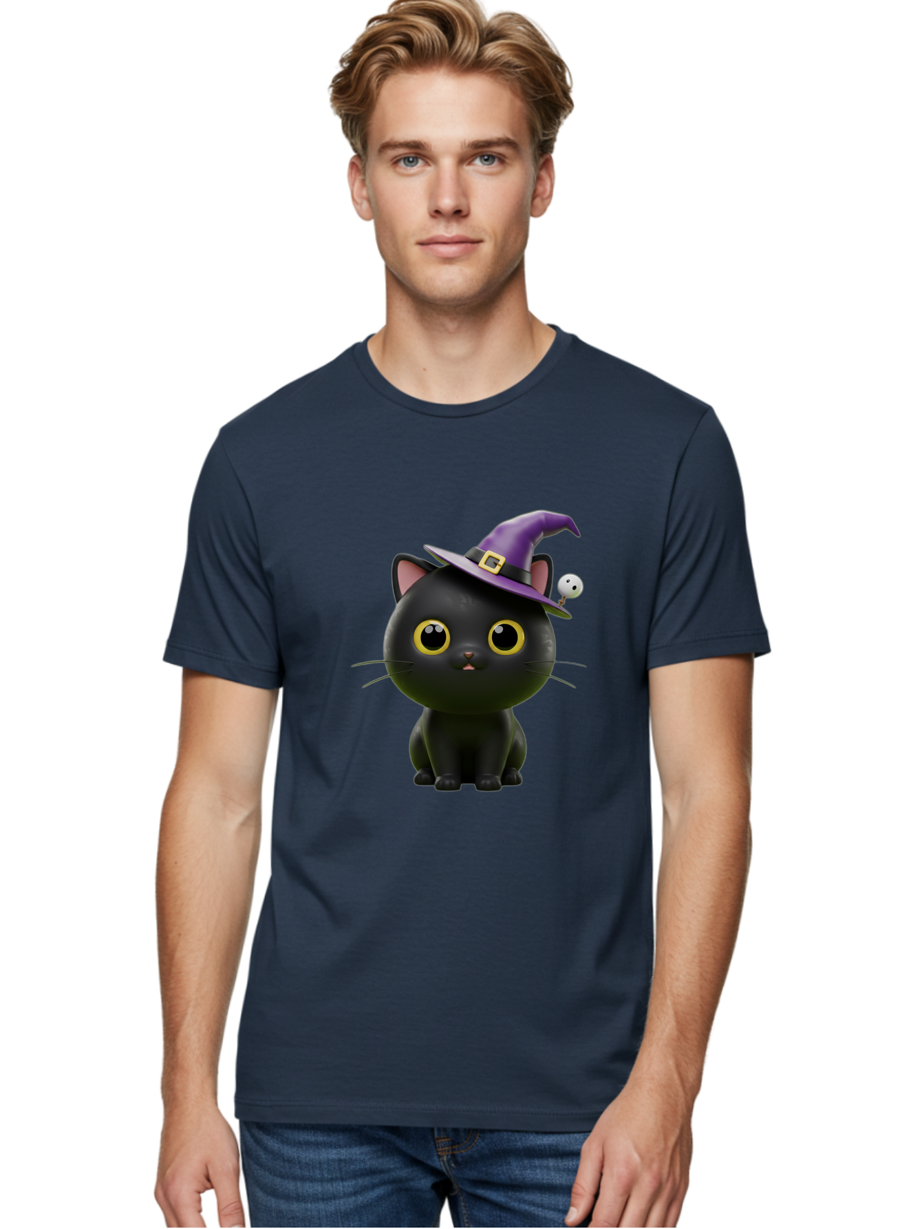 Black-Cat-Witch-1 Men'S Graphic Tee, 100% Cotton, Comfortable Casual Summer Wear, Machine Washable, Black Cat, Purple Witch Hat, Gold Buckle, Spooky Eyes, Cartoon Character, Halloween Theme, Cute Kitty, Witch'S Familiar, Mystical Creature Bac627