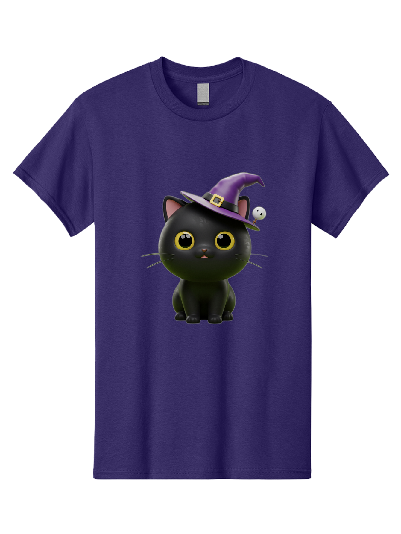 Black-Cat-Witch-1 Men'S Graphic Tee, 100% Cotton, Comfortable Casual Summer Wear, Machine Washable, Black Cat, Purple Witch Hat, Gold Buckle, Spooky Eyes, Cartoon Character, Halloween Theme, Cute Kitty, Witch'S Familiar, Mystical Creature Bac627