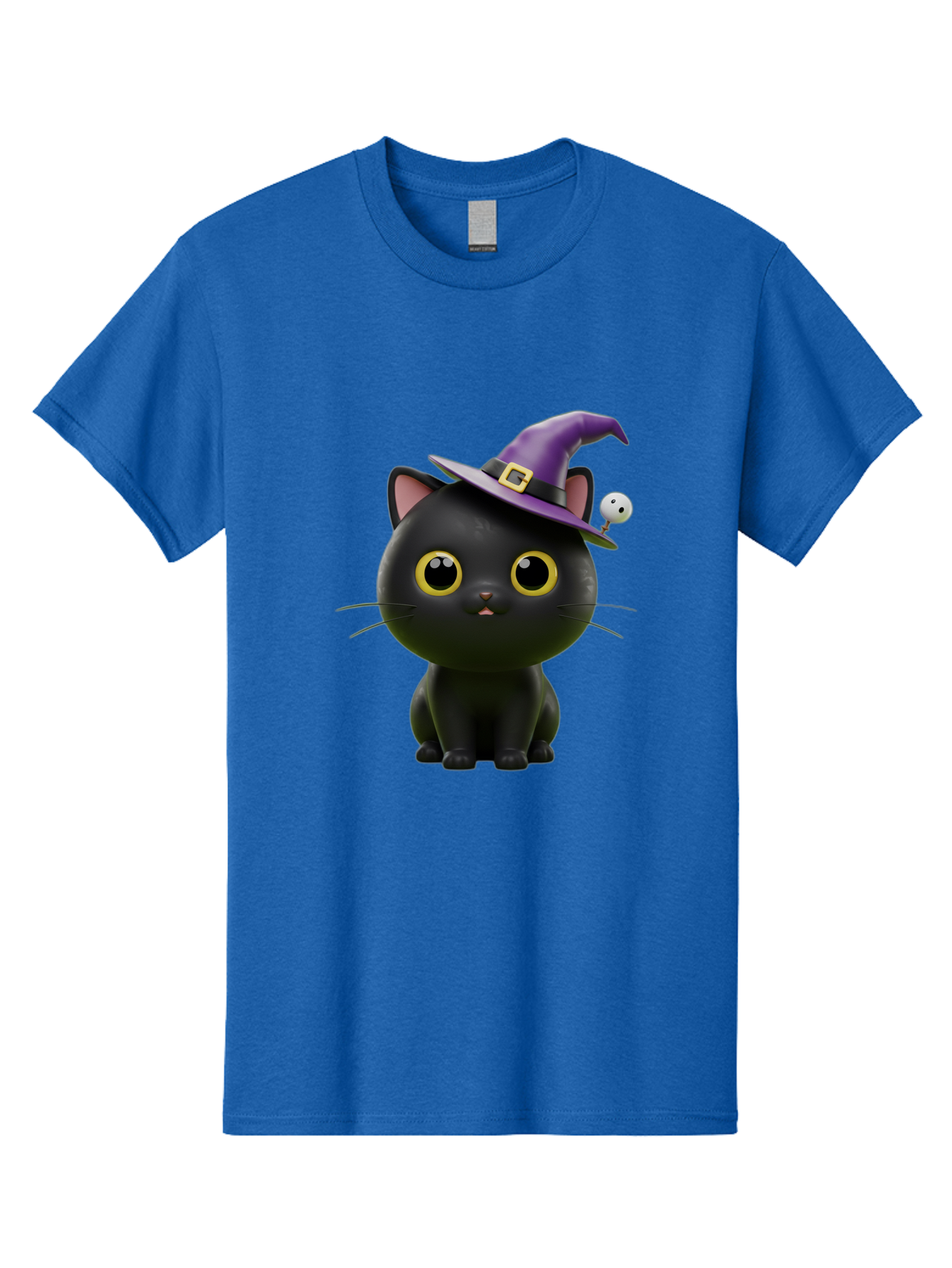 Black-Cat-Witch-1 Men'S Graphic Tee, 100% Cotton, Comfortable Casual Summer Wear, Machine Washable, Black Cat, Purple Witch Hat, Gold Buckle, Spooky Eyes, Cartoon Character, Halloween Theme, Cute Kitty, Witch'S Familiar, Mystical Creature Bac627