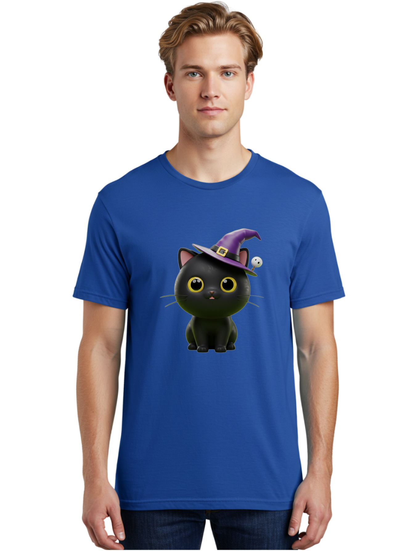 Black-Cat-Witch-1 Men'S Graphic Tee, 100% Cotton, Comfortable Casual Summer Wear, Machine Washable, Black Cat, Purple Witch Hat, Gold Buckle, Spooky Eyes, Cartoon Character, Halloween Theme, Cute Kitty, Witch'S Familiar, Mystical Creature Bac627