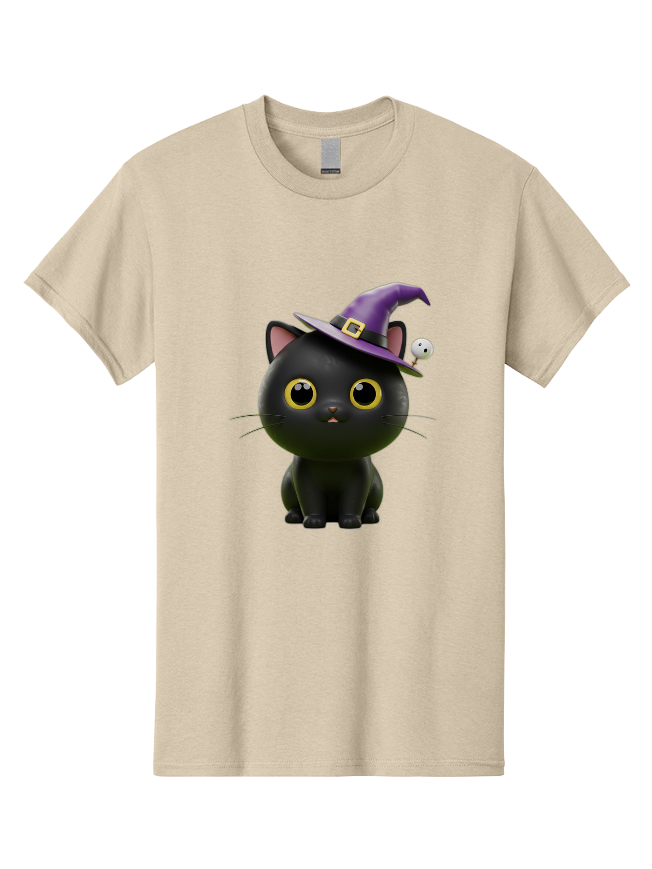 Black-Cat-Witch-1 Men'S Graphic Tee, 100% Cotton, Comfortable Casual Summer Wear, Machine Washable, Black Cat, Purple Witch Hat, Gold Buckle, Spooky Eyes, Cartoon Character, Halloween Theme, Cute Kitty, Witch'S Familiar, Mystical Creature Bac627