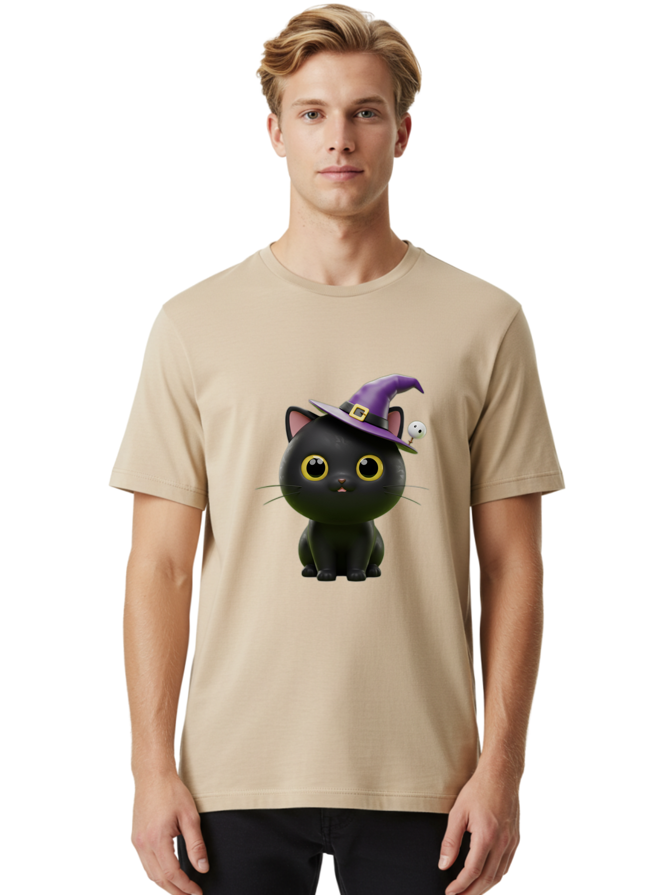 Black-Cat-Witch-1 Men'S Graphic Tee, 100% Cotton, Comfortable Casual Summer Wear, Machine Washable, Black Cat, Purple Witch Hat, Gold Buckle, Spooky Eyes, Cartoon Character, Halloween Theme, Cute Kitty, Witch'S Familiar, Mystical Creature Bac627