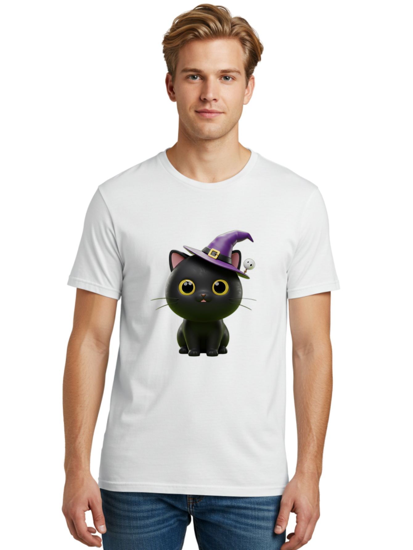 Black-Cat-Witch-1 Men'S Graphic Tee, 100% Cotton, Comfortable Casual Summer Wear, Machine Washable, Black Cat, Purple Witch Hat, Gold Buckle, Spooky Eyes, Cartoon Character, Halloween Theme, Cute Kitty, Witch'S Familiar, Mystical Creature Bac627
