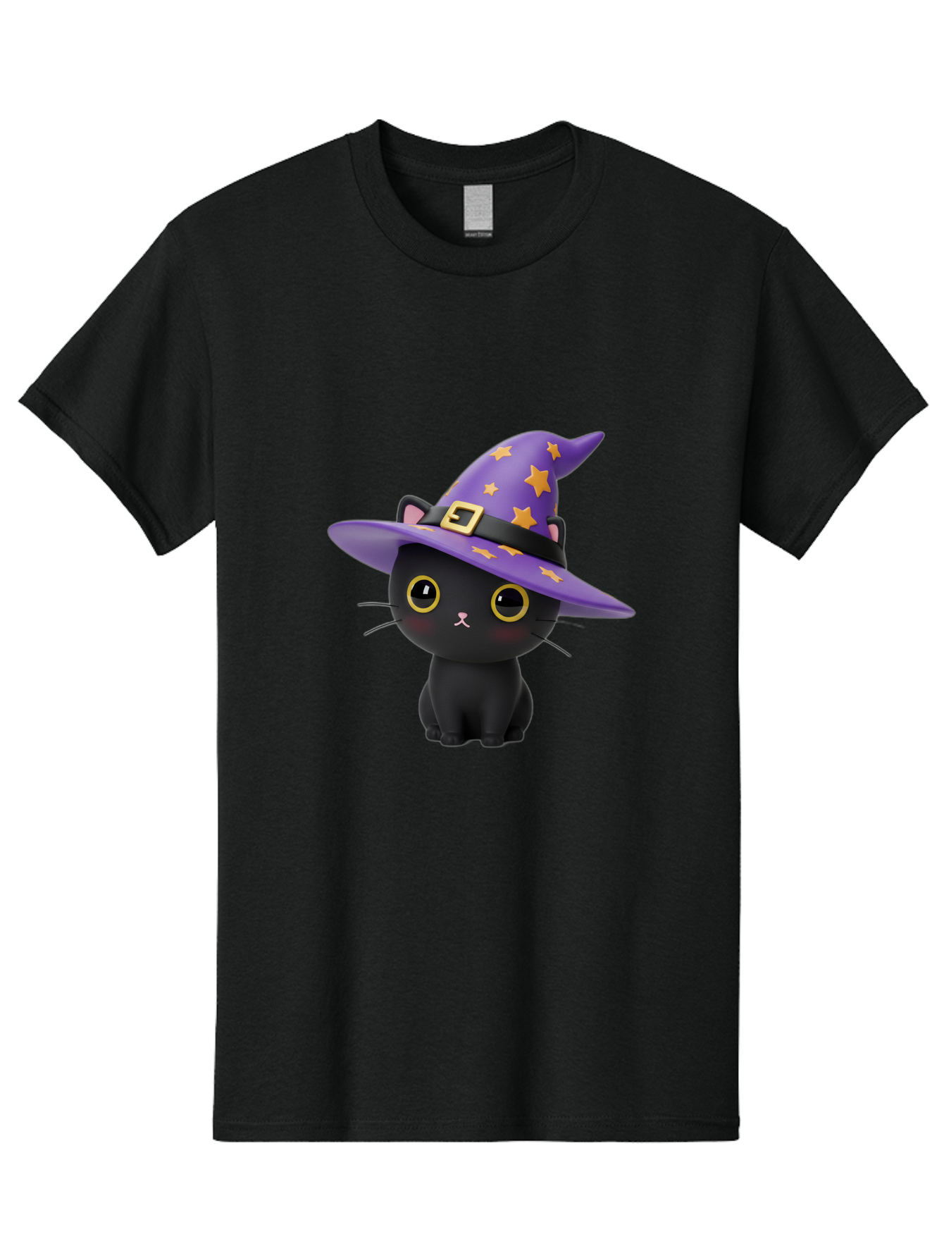 Black-Cat-Witch-Hat Men'S Graphic Tee, 100% Cotton, Comfortable Casual Summer Wear, Machine Washable, Black Cat Wearing Purple Witch Hat, Yellow Stars, Gold Buckle, Cartoon Character, Whimsical Design, Mystical Theme, Halloween Spirit, Bac628