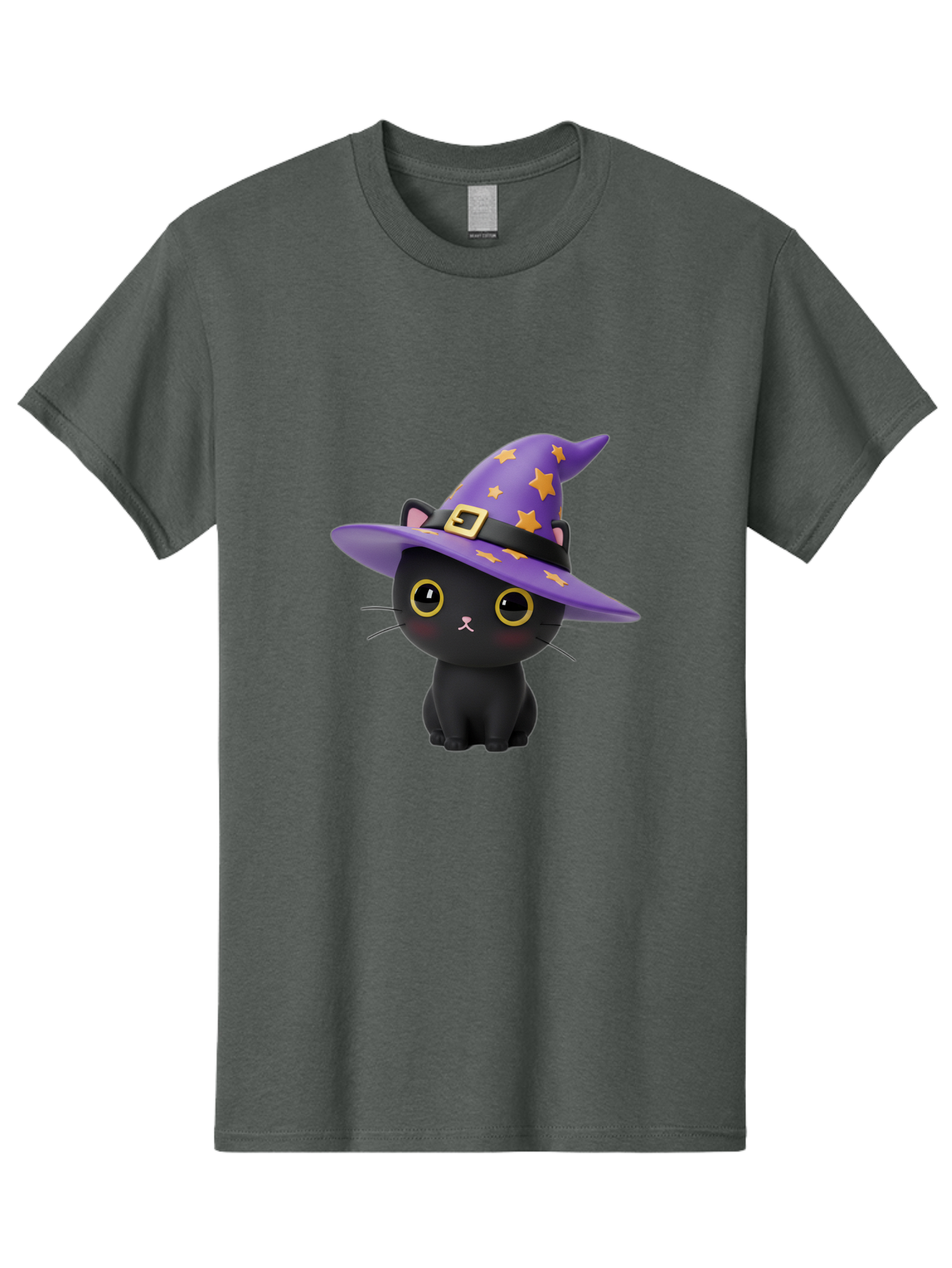 Black-Cat-Witch-Hat Men'S Graphic Tee, 100% Cotton, Comfortable Casual Summer Wear, Machine Washable, Black Cat Wearing Purple Witch Hat, Yellow Stars, Gold Buckle, Cartoon Character, Whimsical Design, Mystical Theme, Halloween Spirit, Bac628