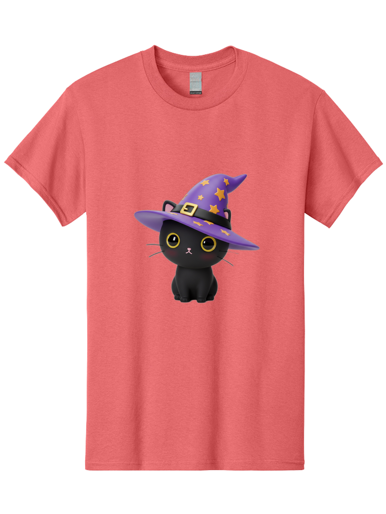 Black-Cat-Witch-Hat Men'S Graphic Tee, 100% Cotton, Comfortable Casual Summer Wear, Machine Washable, Black Cat Wearing Purple Witch Hat, Yellow Stars, Gold Buckle, Cartoon Character, Whimsical Design, Mystical Theme, Halloween Spirit, Bac628