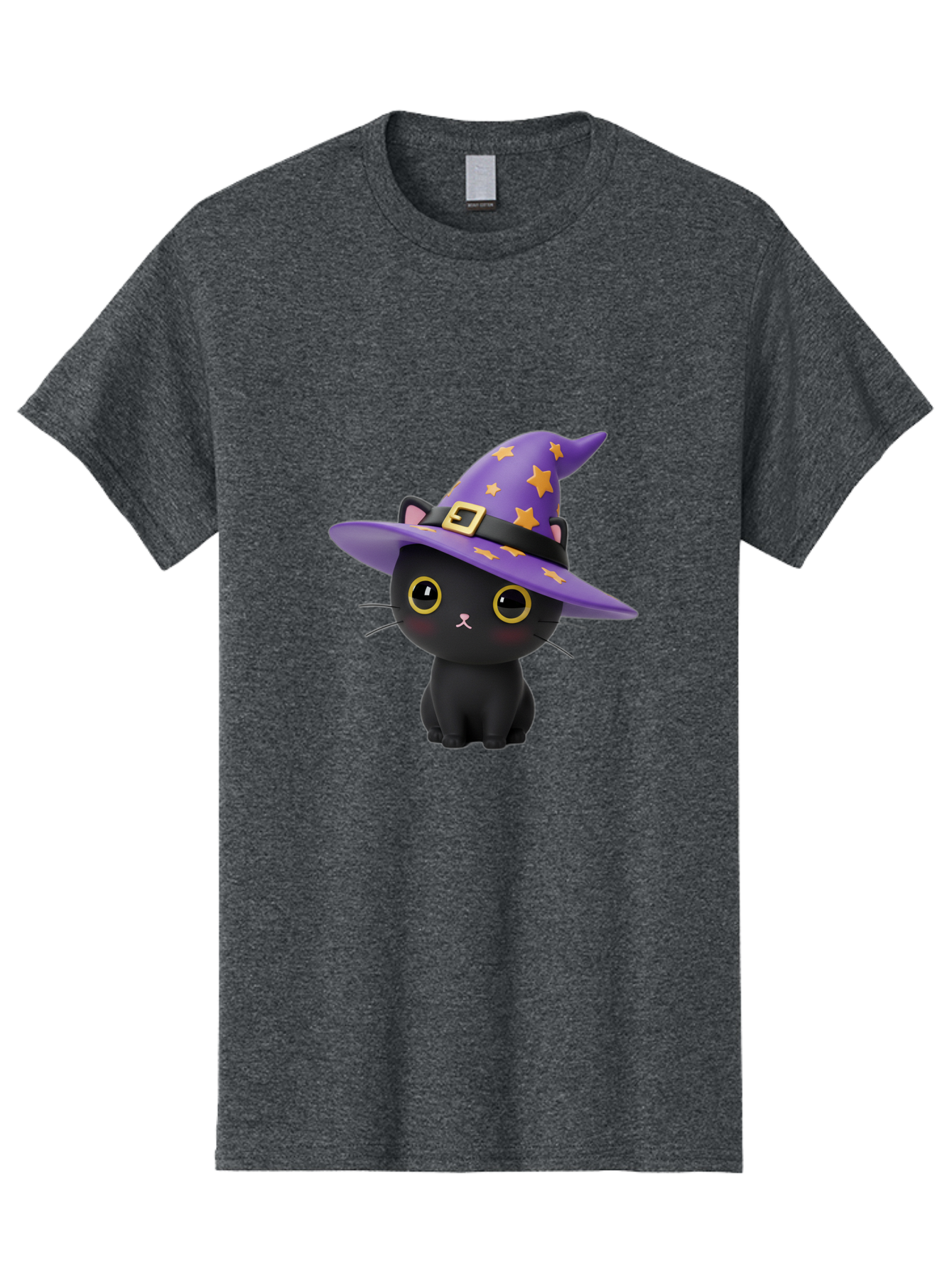 Black-Cat-Witch-Hat Men'S Graphic Tee, 100% Cotton, Comfortable Casual Summer Wear, Machine Washable, Black Cat Wearing Purple Witch Hat, Yellow Stars, Gold Buckle, Cartoon Character, Whimsical Design, Mystical Theme, Halloween Spirit, Bac628