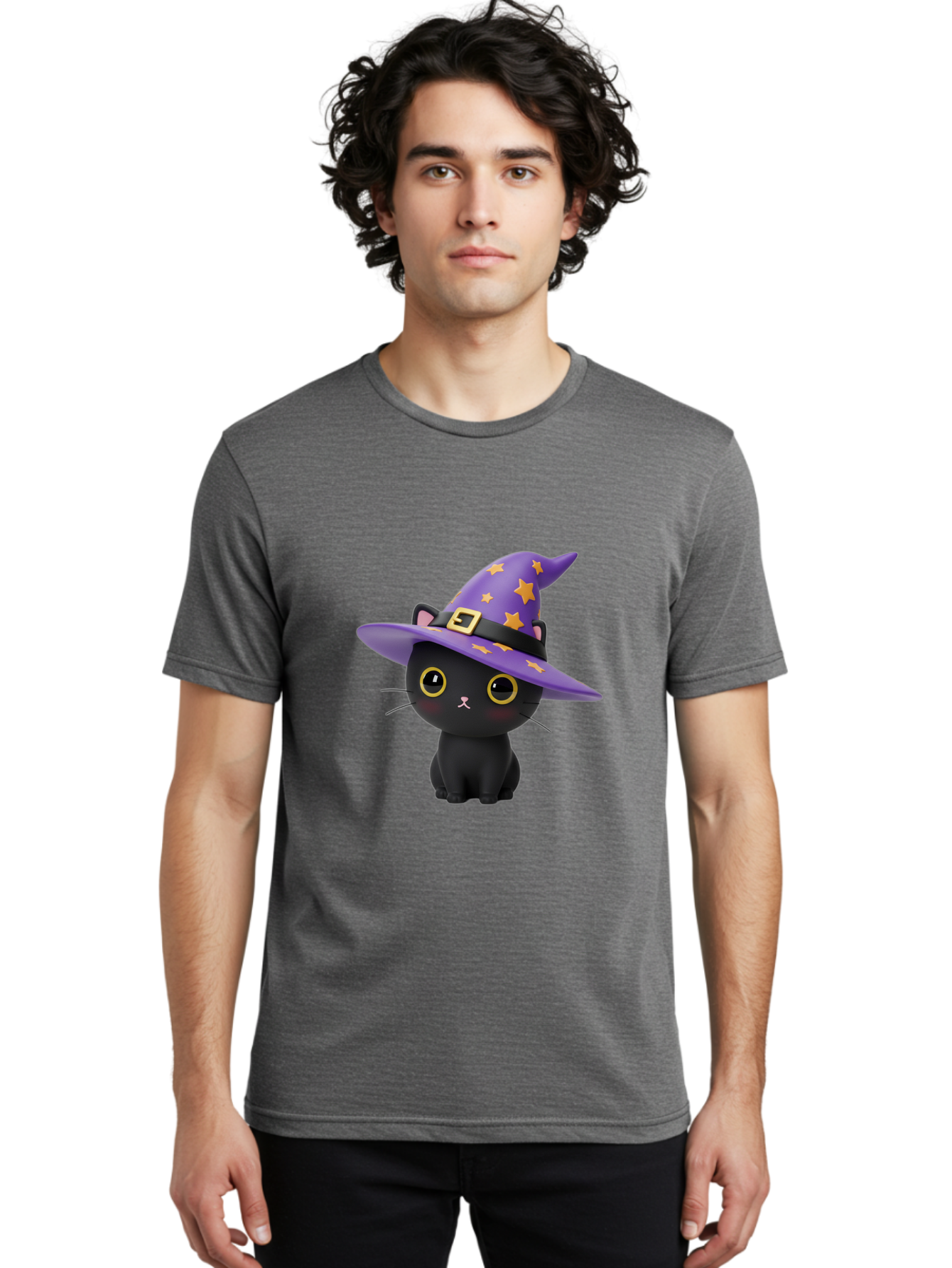Black-Cat-Witch-Hat Men'S Graphic Tee, 100% Cotton, Comfortable Casual Summer Wear, Machine Washable, Black Cat Wearing Purple Witch Hat, Yellow Stars, Gold Buckle, Cartoon Character, Whimsical Design, Mystical Theme, Halloween Spirit, Bac628
