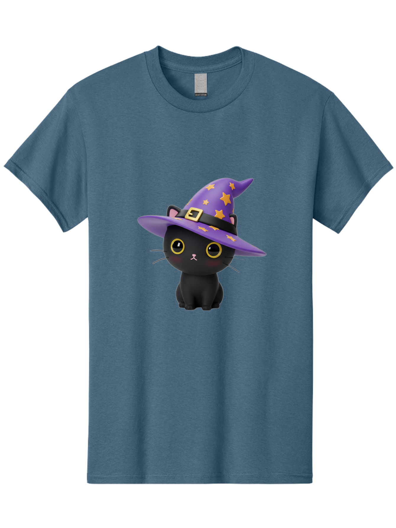 Black-Cat-Witch-Hat Men'S Graphic Tee, 100% Cotton, Comfortable Casual Summer Wear, Machine Washable, Black Cat Wearing Purple Witch Hat, Yellow Stars, Gold Buckle, Cartoon Character, Whimsical Design, Mystical Theme, Halloween Spirit, Bac628