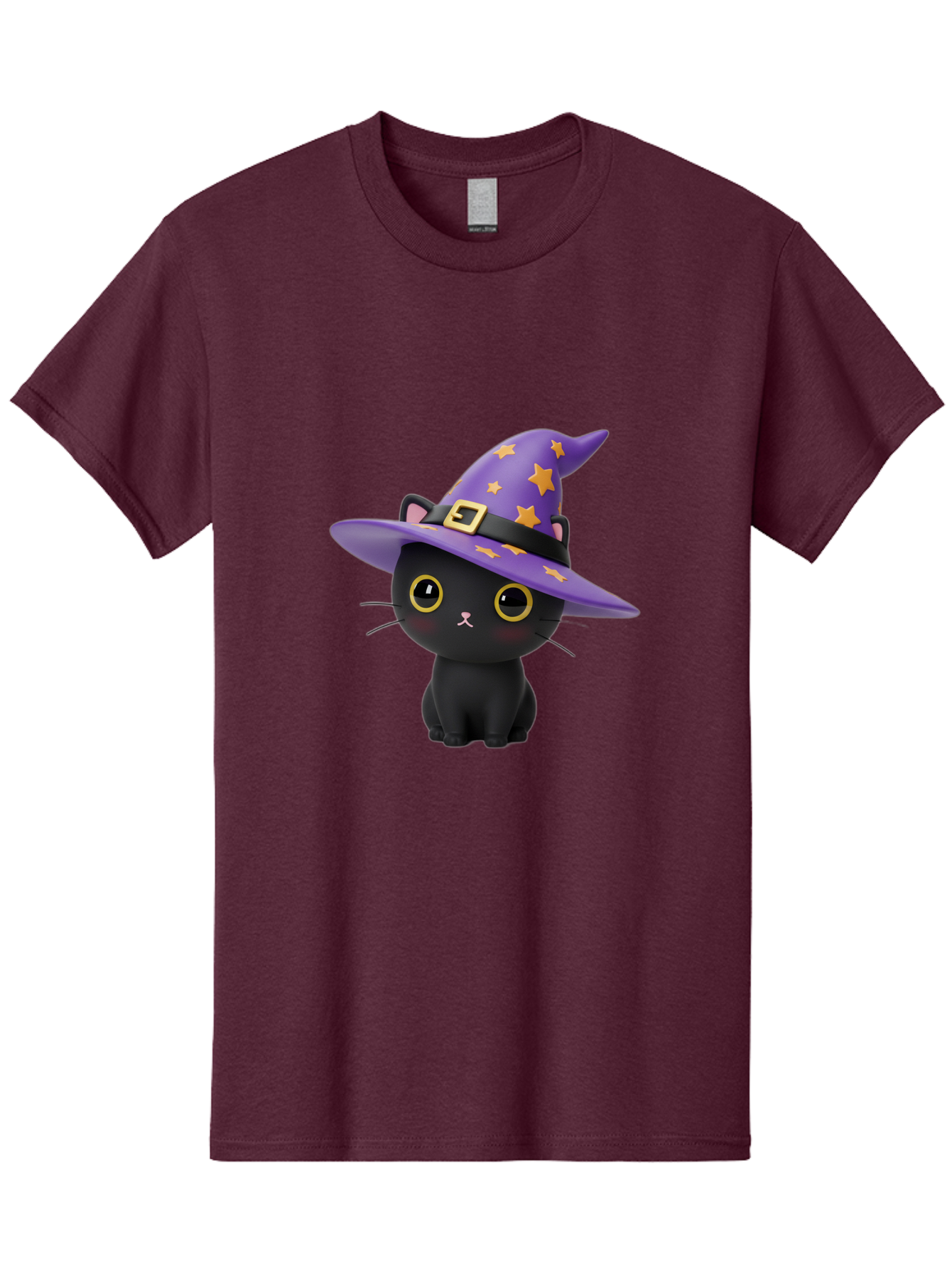 Black-Cat-Witch-Hat Men'S Graphic Tee, 100% Cotton, Comfortable Casual Summer Wear, Machine Washable, Black Cat Wearing Purple Witch Hat, Yellow Stars, Gold Buckle, Cartoon Character, Whimsical Design, Mystical Theme, Halloween Spirit, Bac628