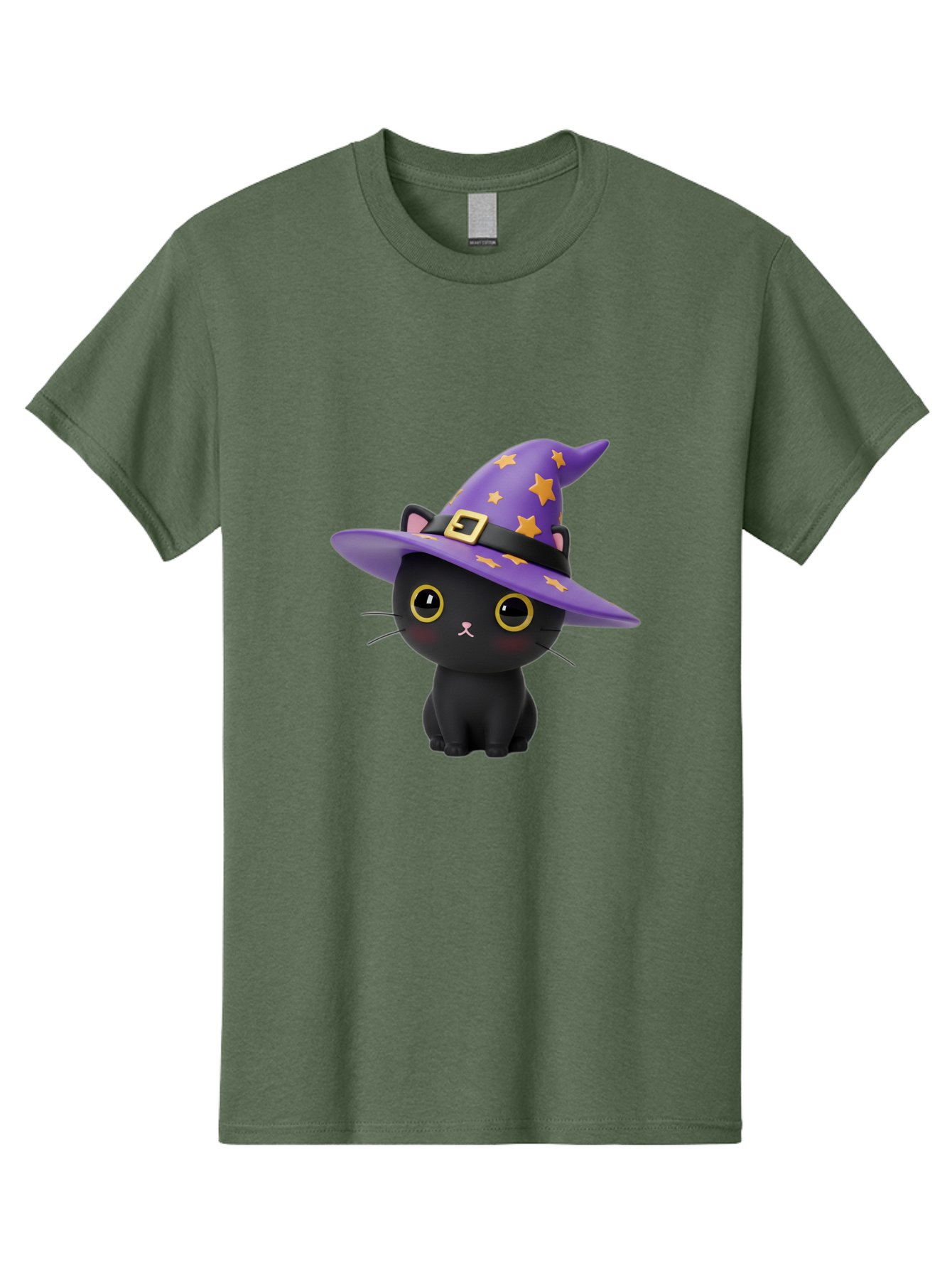 Black-Cat-Witch-Hat Men'S Graphic Tee, 100% Cotton, Comfortable Casual Summer Wear, Machine Washable, Black Cat Wearing Purple Witch Hat, Yellow Stars, Gold Buckle, Cartoon Character, Whimsical Design, Mystical Theme, Halloween Spirit, Bac628