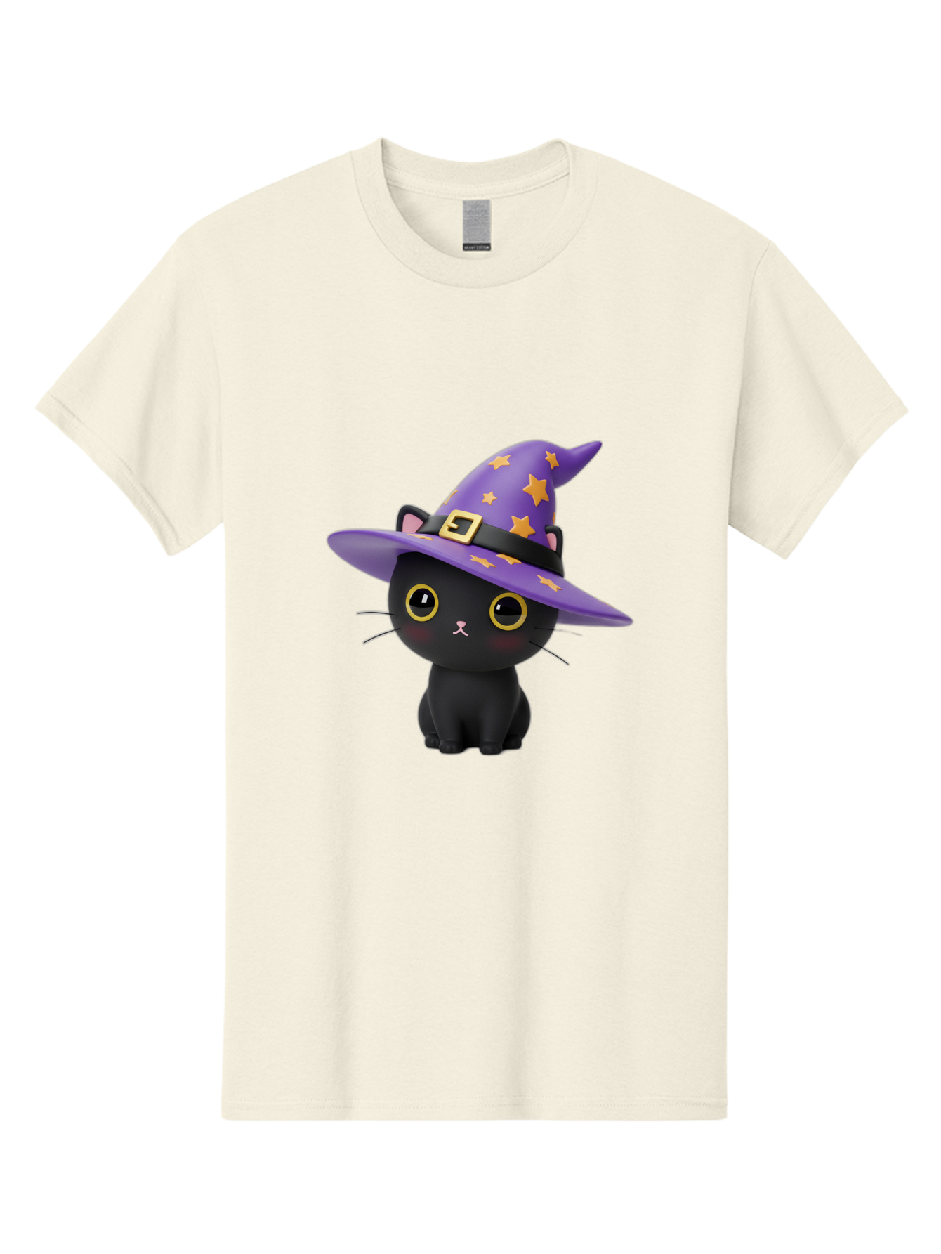 Black-Cat-Witch-Hat Men'S Graphic Tee, 100% Cotton, Comfortable Casual Summer Wear, Machine Washable, Black Cat Wearing Purple Witch Hat, Yellow Stars, Gold Buckle, Cartoon Character, Whimsical Design, Mystical Theme, Halloween Spirit, Bac628