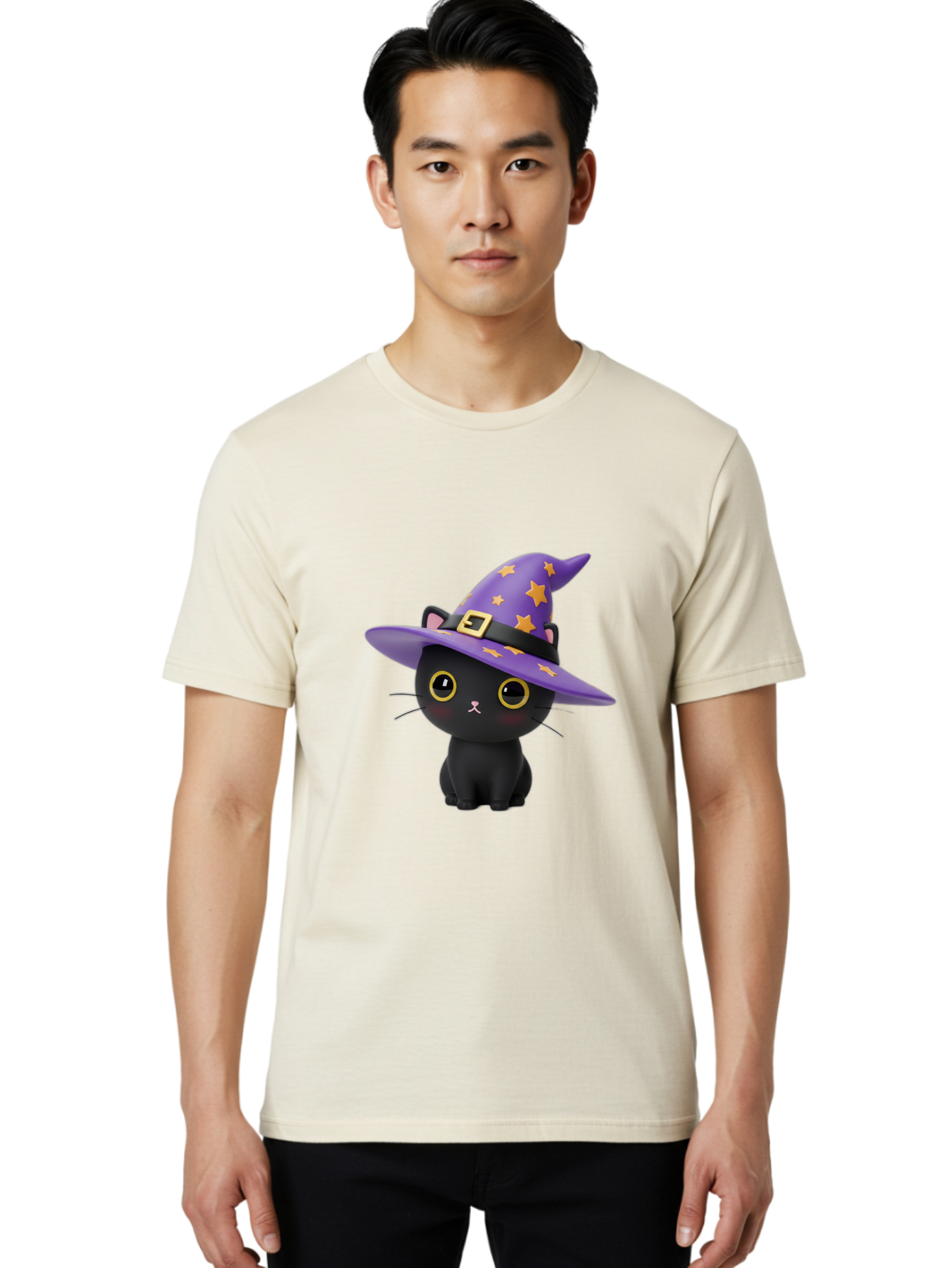 Black-Cat-Witch-Hat Men'S Graphic Tee, 100% Cotton, Comfortable Casual Summer Wear, Machine Washable, Black Cat Wearing Purple Witch Hat, Yellow Stars, Gold Buckle, Cartoon Character, Whimsical Design, Mystical Theme, Halloween Spirit, Bac628