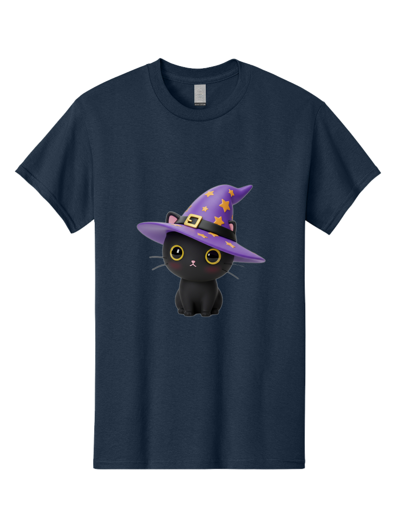 Black-Cat-Witch-Hat Men'S Graphic Tee, 100% Cotton, Comfortable Casual Summer Wear, Machine Washable, Black Cat Wearing Purple Witch Hat, Yellow Stars, Gold Buckle, Cartoon Character, Whimsical Design, Mystical Theme, Halloween Spirit, Bac628