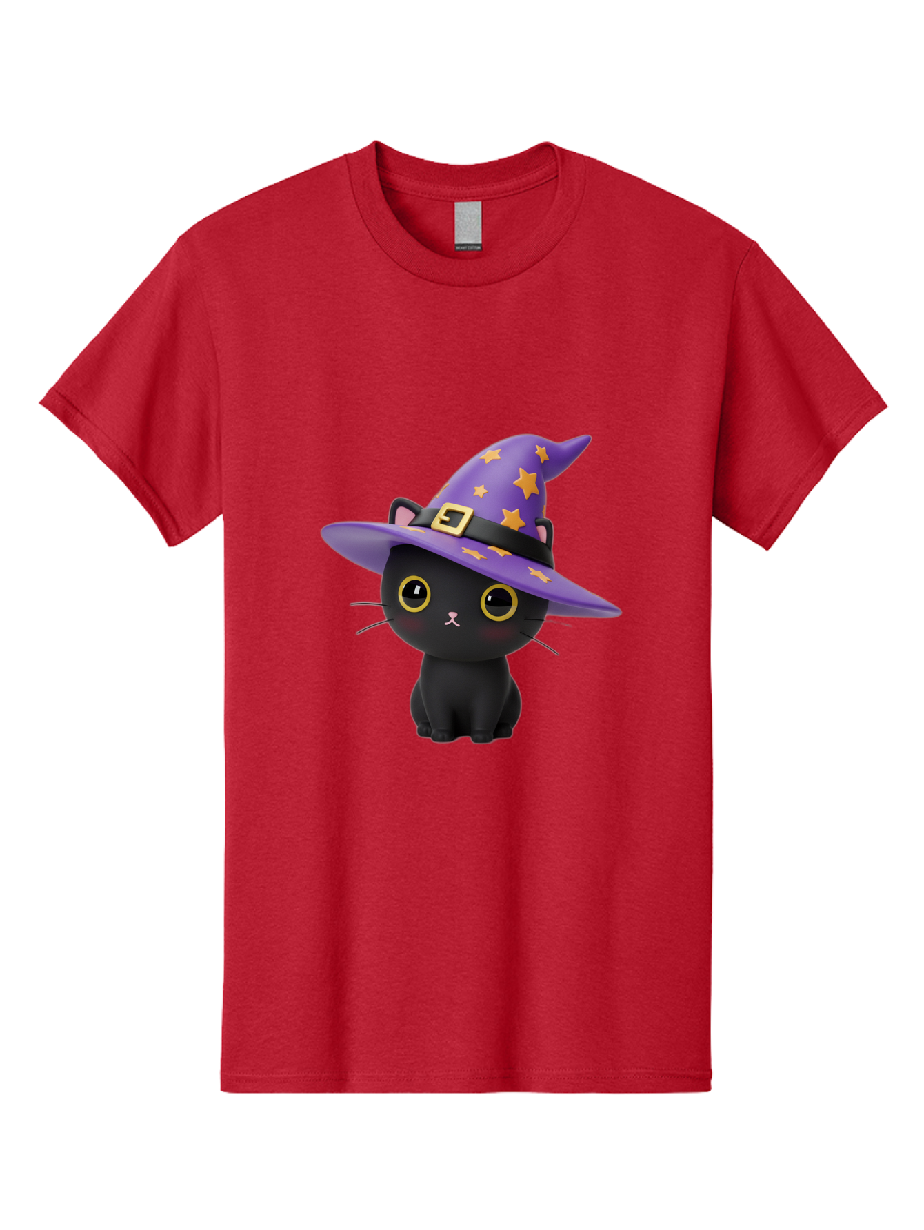 Black-Cat-Witch-Hat Men'S Graphic Tee, 100% Cotton, Comfortable Casual Summer Wear, Machine Washable, Black Cat Wearing Purple Witch Hat, Yellow Stars, Gold Buckle, Cartoon Character, Whimsical Design, Mystical Theme, Halloween Spirit, Bac628