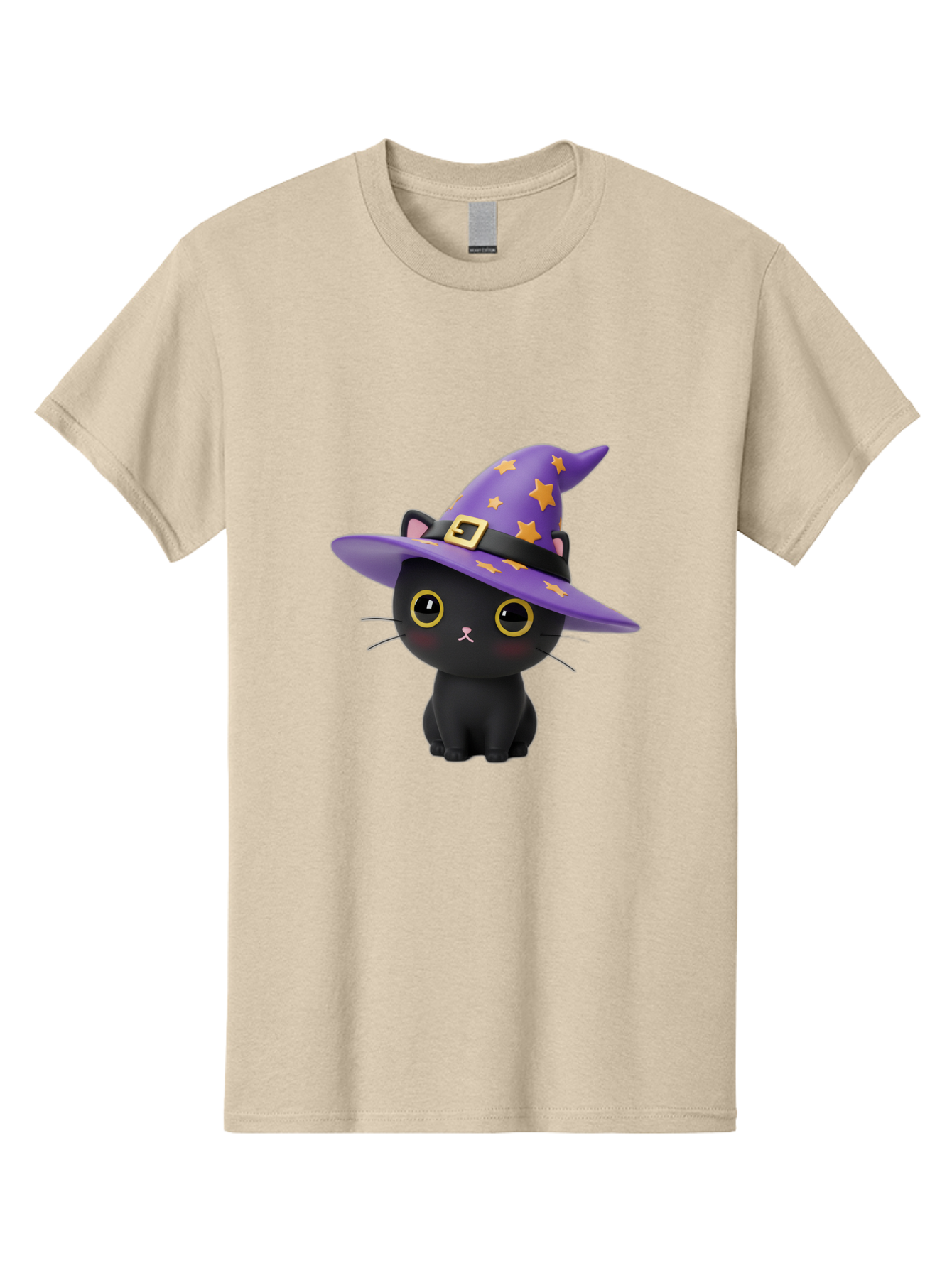 Black-Cat-Witch-Hat Men'S Graphic Tee, 100% Cotton, Comfortable Casual Summer Wear, Machine Washable, Black Cat Wearing Purple Witch Hat, Yellow Stars, Gold Buckle, Cartoon Character, Whimsical Design, Mystical Theme, Halloween Spirit, Bac628