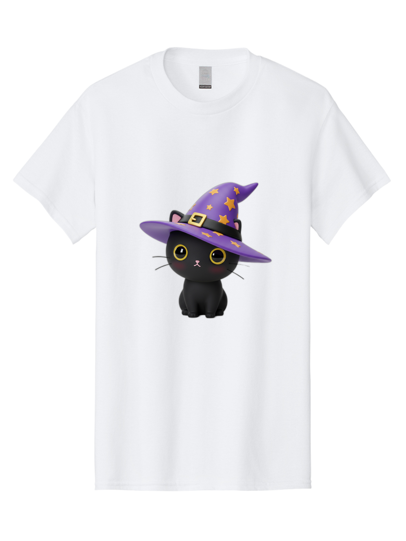 Black-Cat-Witch-Hat Men'S Graphic Tee, 100% Cotton, Comfortable Casual Summer Wear, Machine Washable, Black Cat Wearing Purple Witch Hat, Yellow Stars, Gold Buckle, Cartoon Character, Whimsical Design, Mystical Theme, Halloween Spirit, Bac628