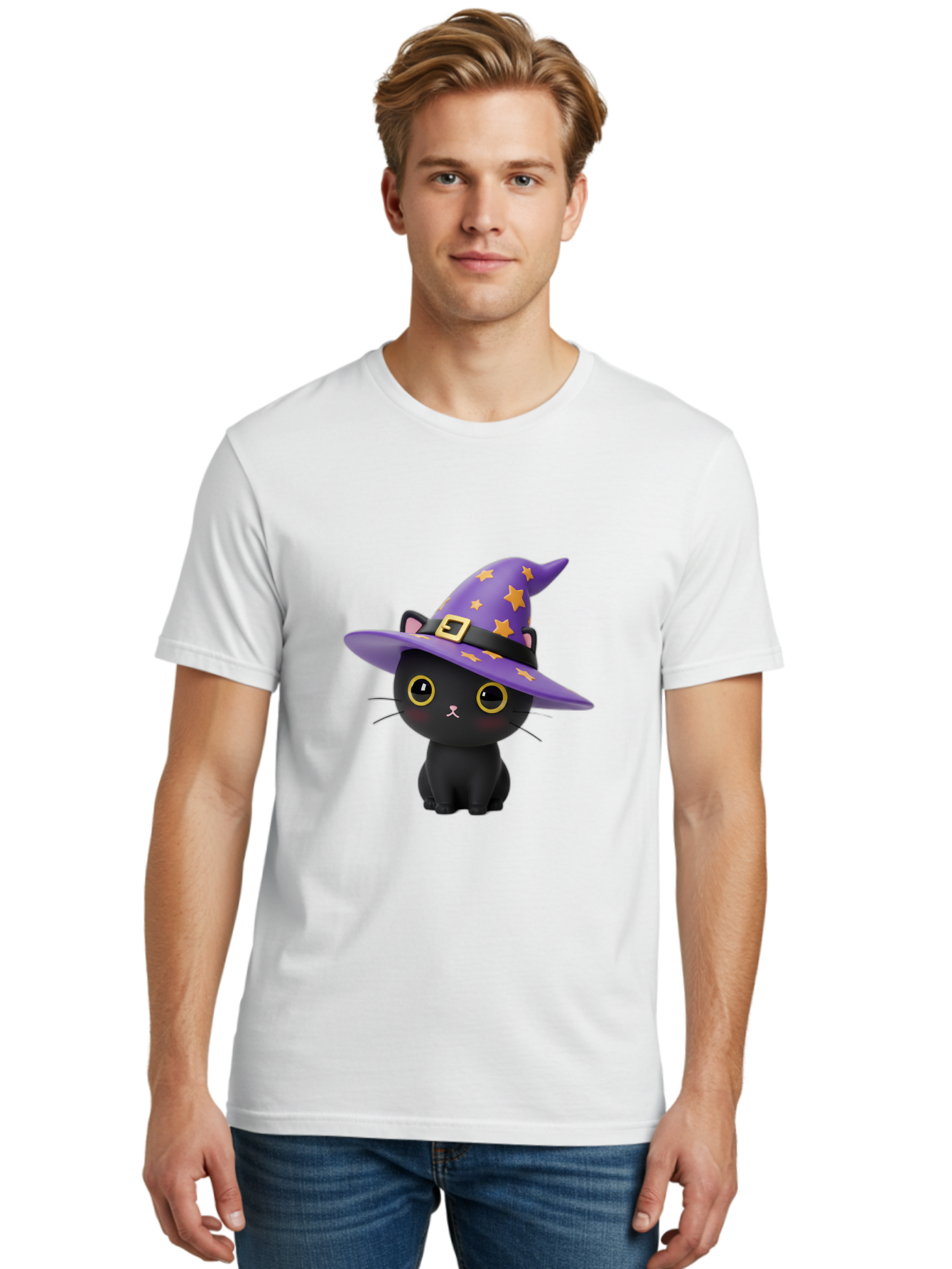 Black-Cat-Witch-Hat Men'S Graphic Tee, 100% Cotton, Comfortable Casual Summer Wear, Machine Washable, Black Cat Wearing Purple Witch Hat, Yellow Stars, Gold Buckle, Cartoon Character, Whimsical Design, Mystical Theme, Halloween Spirit, Bac628