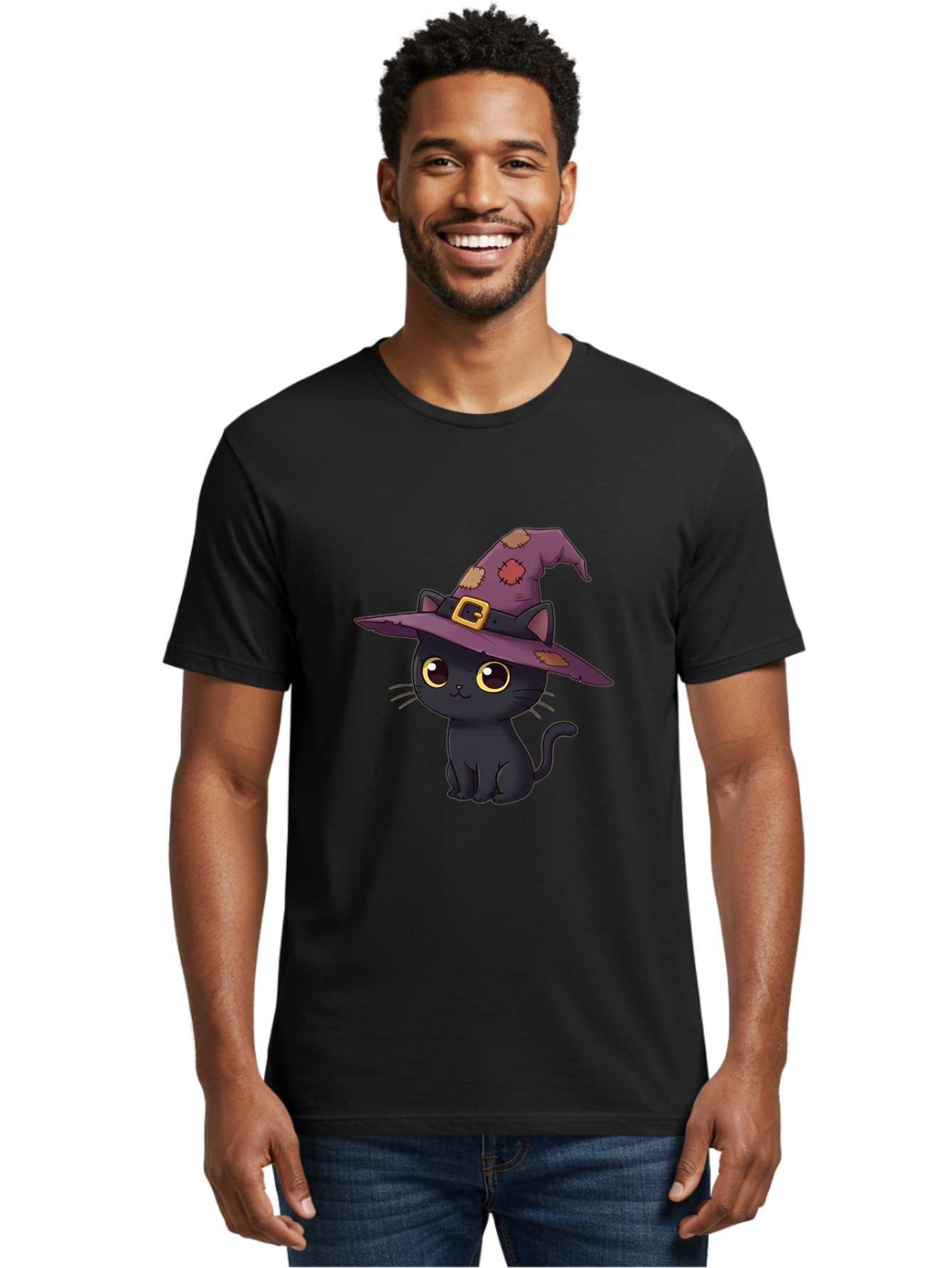 Black-Cat-Witch Men'S Graphic Tee, 100% Cotton, Comfortable Casual Summer Wear, Machine Washable, Black Cat Wearing Purple Witch Hat, Halloween Theme, Cute Cartoon Character, Spooky Kitty, Magical Feline, Witch'S Familiar, Bac629