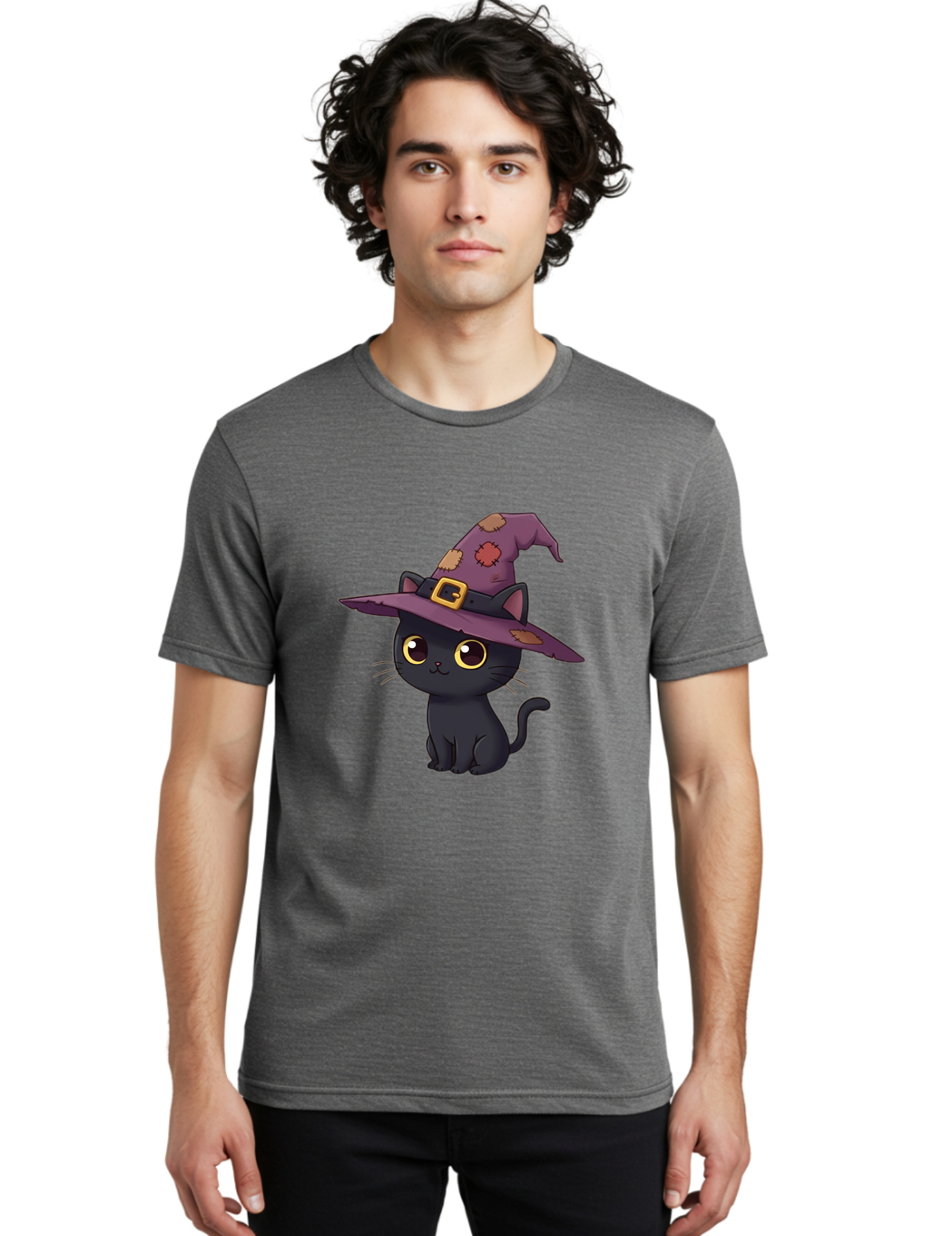 Black-Cat-Witch Men'S Graphic Tee, 100% Cotton, Comfortable Casual Summer Wear, Machine Washable, Black Cat Wearing Purple Witch Hat, Halloween Theme, Cute Cartoon Character, Spooky Kitty, Magical Feline, Witch'S Familiar, Bac629