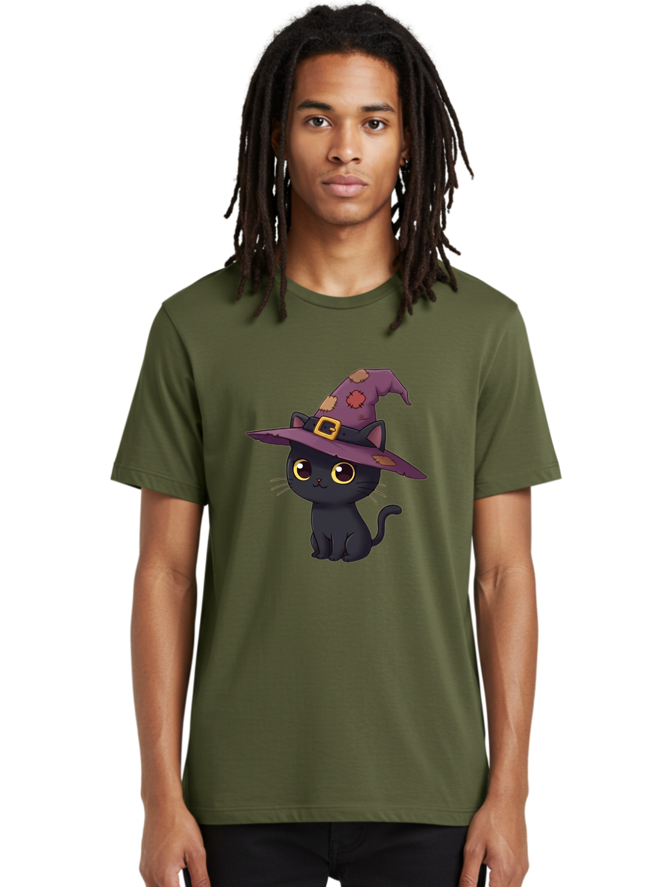 Black-Cat-Witch Men'S Graphic Tee, 100% Cotton, Comfortable Casual Summer Wear, Machine Washable, Black Cat Wearing Purple Witch Hat, Halloween Theme, Cute Cartoon Character, Spooky Kitty, Magical Feline, Witch'S Familiar, Bac629