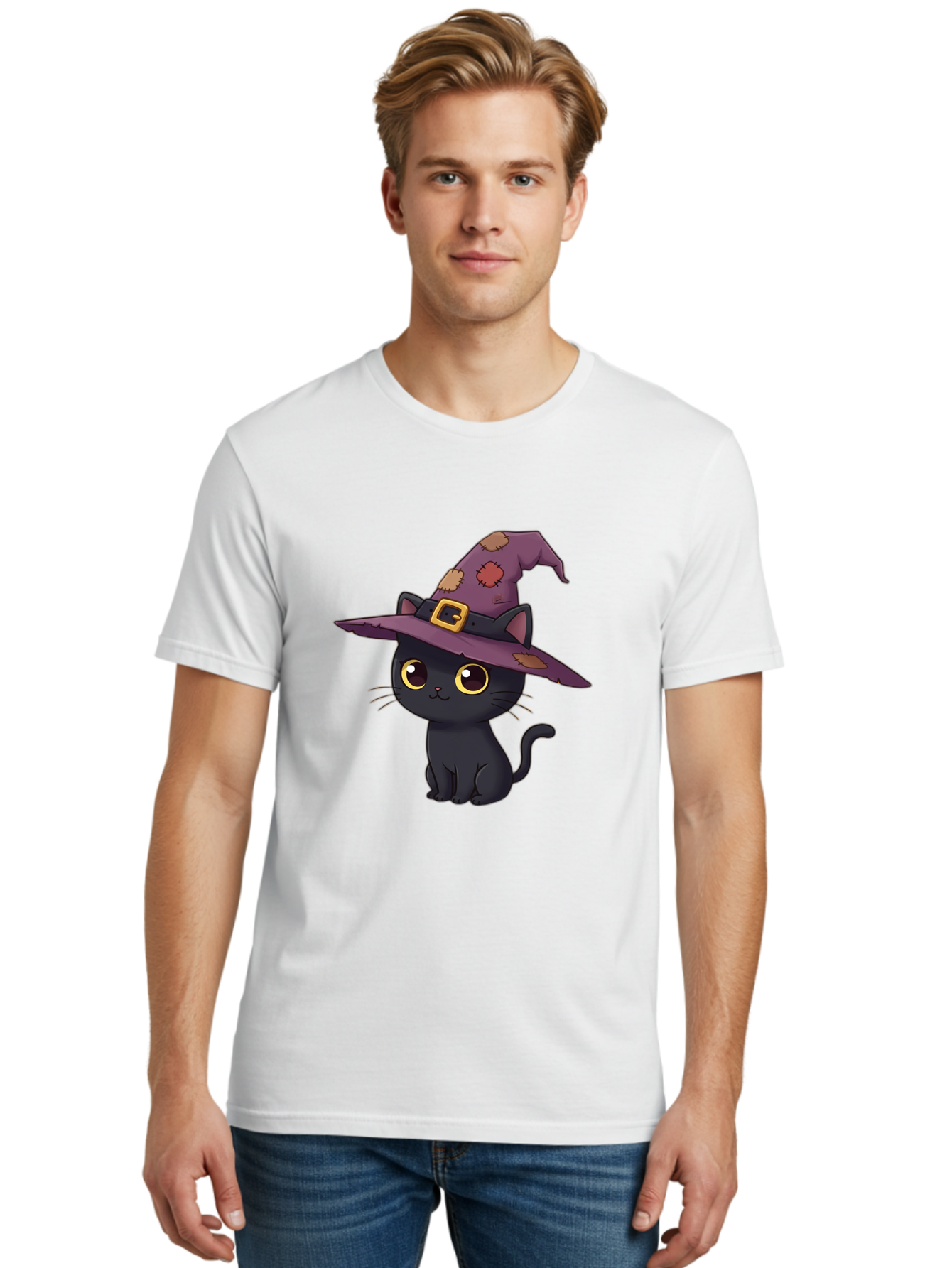 Black-Cat-Witch Men'S Graphic Tee, 100% Cotton, Comfortable Casual Summer Wear, Machine Washable, Black Cat Wearing Purple Witch Hat, Halloween Theme, Cute Cartoon Character, Spooky Kitty, Magical Feline, Witch'S Familiar, Bac629