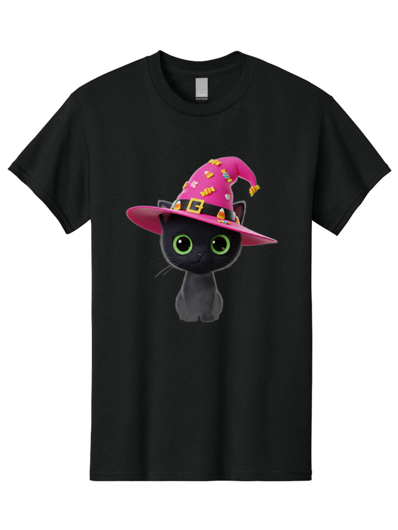 Black-Cat-With-Pink-Witch-Hat Men'S Graphic Tee, 100% Cotton, Comfortable Casual Summer Wear, Machine Washable, Black Cat, Pink Witch Hat, Candy Decorations, Gold Buckle, Green Eyes, Cartoon Style, Whimsical Design, Halloween Theme, Bac630