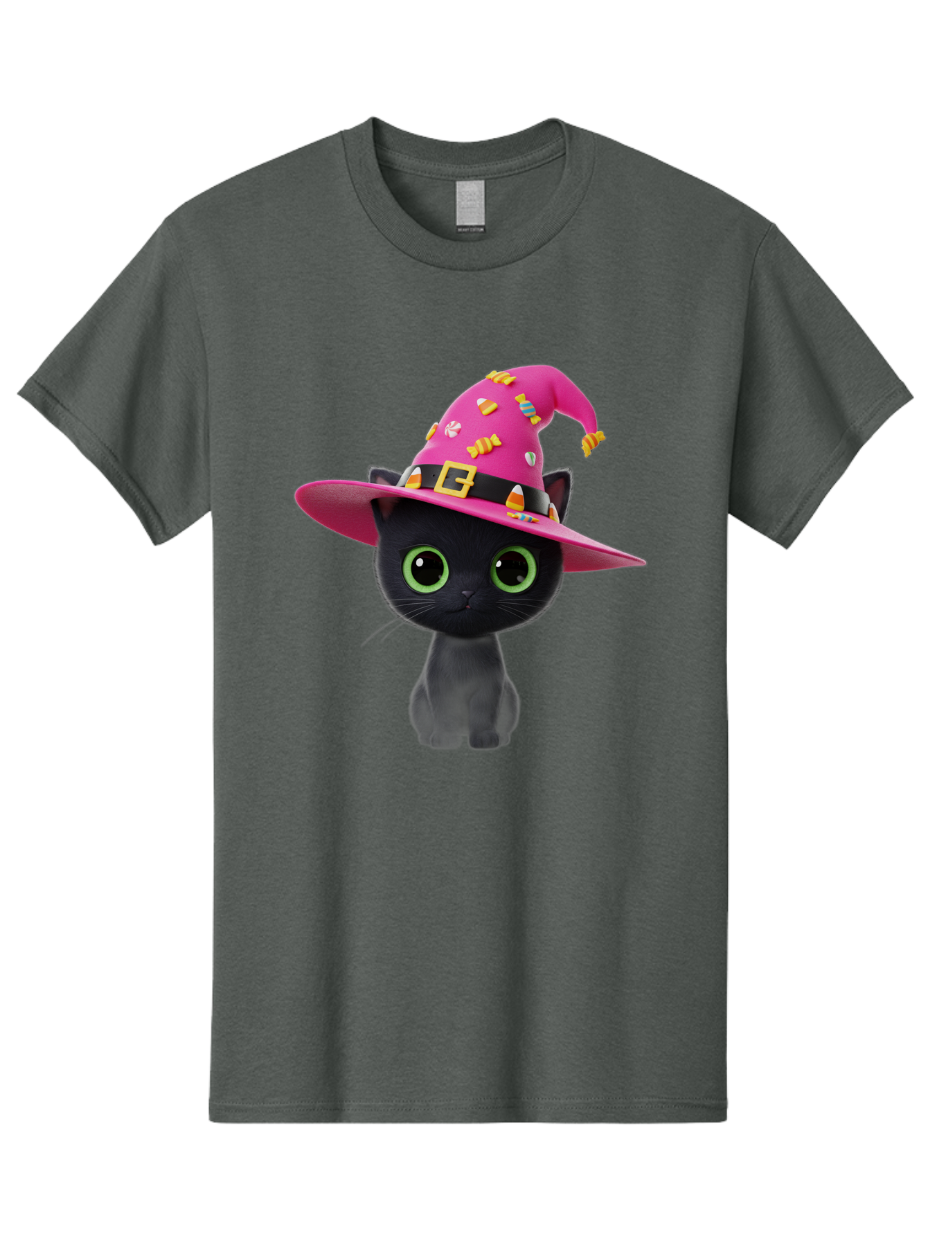 Black-Cat-With-Pink-Witch-Hat Men'S Graphic Tee, 100% Cotton, Comfortable Casual Summer Wear, Machine Washable, Black Cat, Pink Witch Hat, Candy Decorations, Gold Buckle, Green Eyes, Cartoon Style, Whimsical Design, Halloween Theme, Bac630