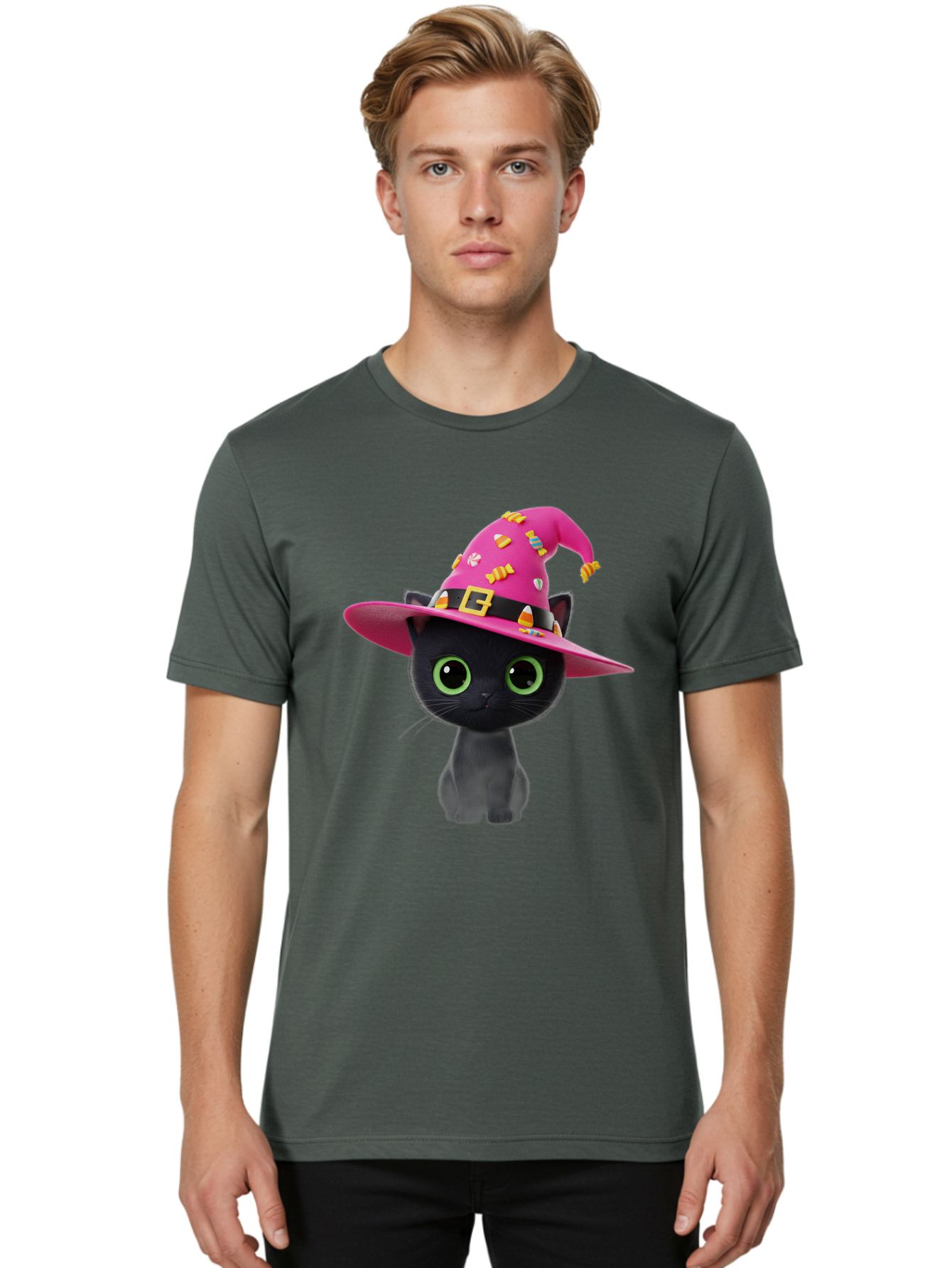 Black-Cat-With-Pink-Witch-Hat Men'S Graphic Tee, 100% Cotton, Comfortable Casual Summer Wear, Machine Washable, Black Cat, Pink Witch Hat, Candy Decorations, Gold Buckle, Green Eyes, Cartoon Style, Whimsical Design, Halloween Theme, Bac630
