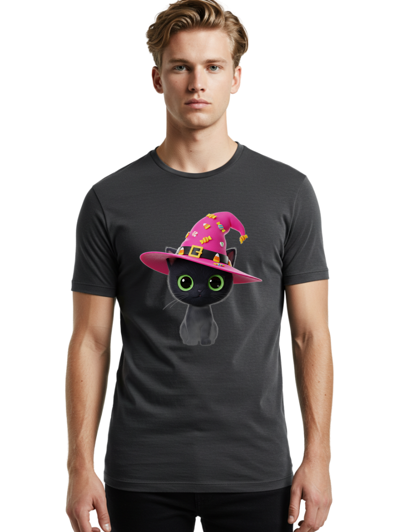 Black-Cat-With-Pink-Witch-Hat Men'S Graphic Tee, 100% Cotton, Comfortable Casual Summer Wear, Machine Washable, Black Cat, Pink Witch Hat, Candy Decorations, Gold Buckle, Green Eyes, Cartoon Style, Whimsical Design, Halloween Theme, Bac630