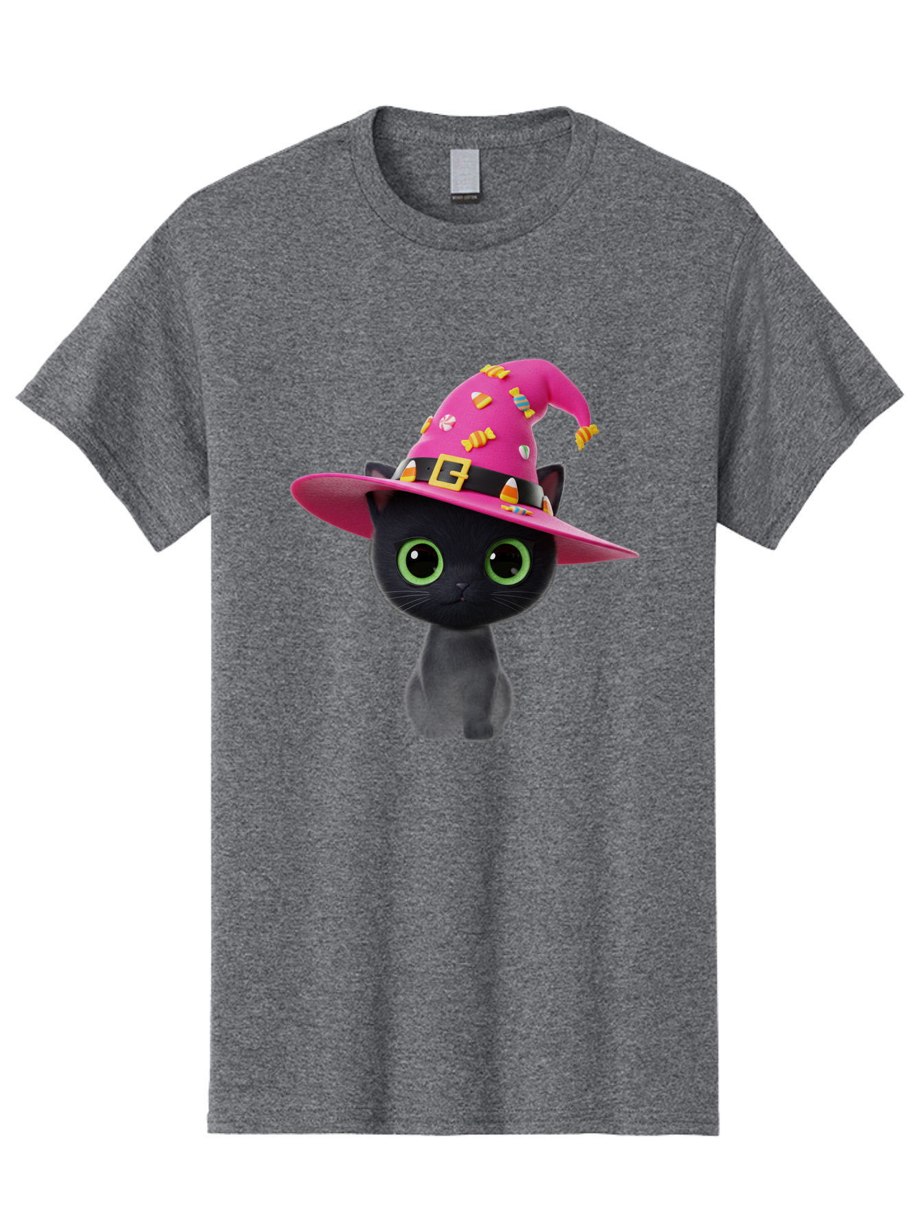 Black-Cat-With-Pink-Witch-Hat Men'S Graphic Tee, 100% Cotton, Comfortable Casual Summer Wear, Machine Washable, Black Cat, Pink Witch Hat, Candy Decorations, Gold Buckle, Green Eyes, Cartoon Style, Whimsical Design, Halloween Theme, Bac630