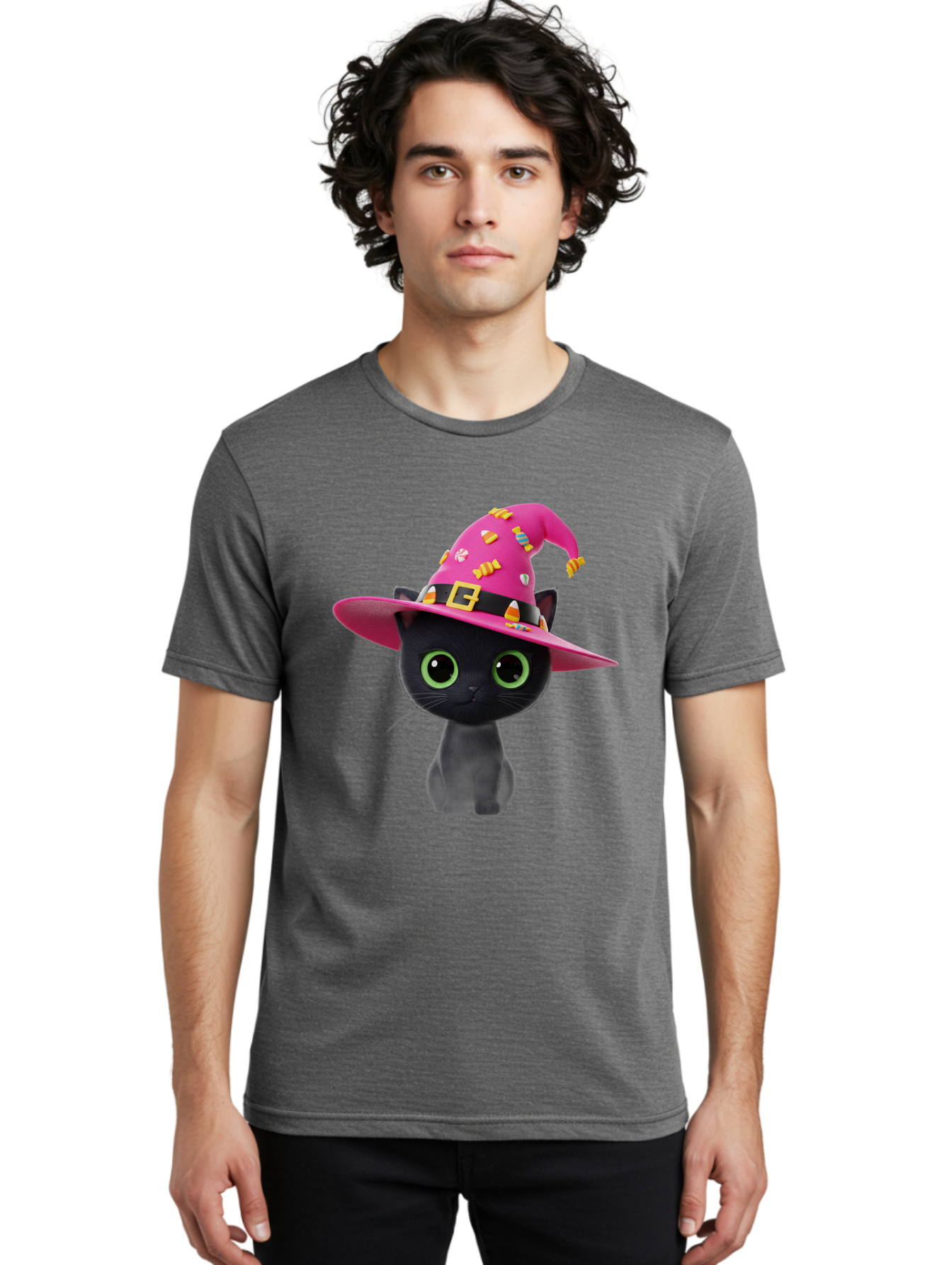 Black-Cat-With-Pink-Witch-Hat Men'S Graphic Tee, 100% Cotton, Comfortable Casual Summer Wear, Machine Washable, Black Cat, Pink Witch Hat, Candy Decorations, Gold Buckle, Green Eyes, Cartoon Style, Whimsical Design, Halloween Theme, Bac630