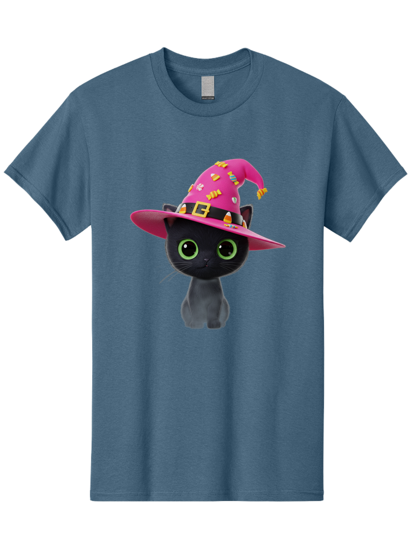 Black-Cat-With-Pink-Witch-Hat Men'S Graphic Tee, 100% Cotton, Comfortable Casual Summer Wear, Machine Washable, Black Cat, Pink Witch Hat, Candy Decorations, Gold Buckle, Green Eyes, Cartoon Style, Whimsical Design, Halloween Theme, Bac630