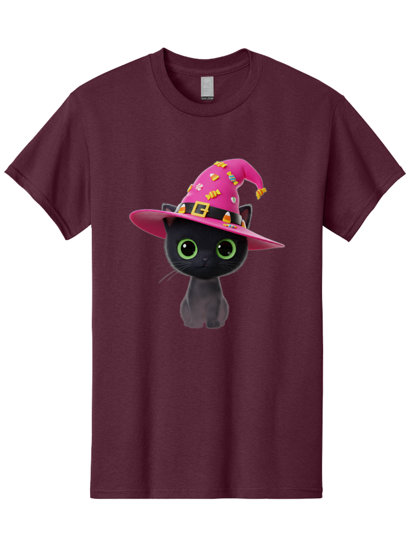 Black-Cat-With-Pink-Witch-Hat Men'S Graphic Tee, 100% Cotton, Comfortable Casual Summer Wear, Machine Washable, Black Cat, Pink Witch Hat, Candy Decorations, Gold Buckle, Green Eyes, Cartoon Style, Whimsical Design, Halloween Theme, Bac630