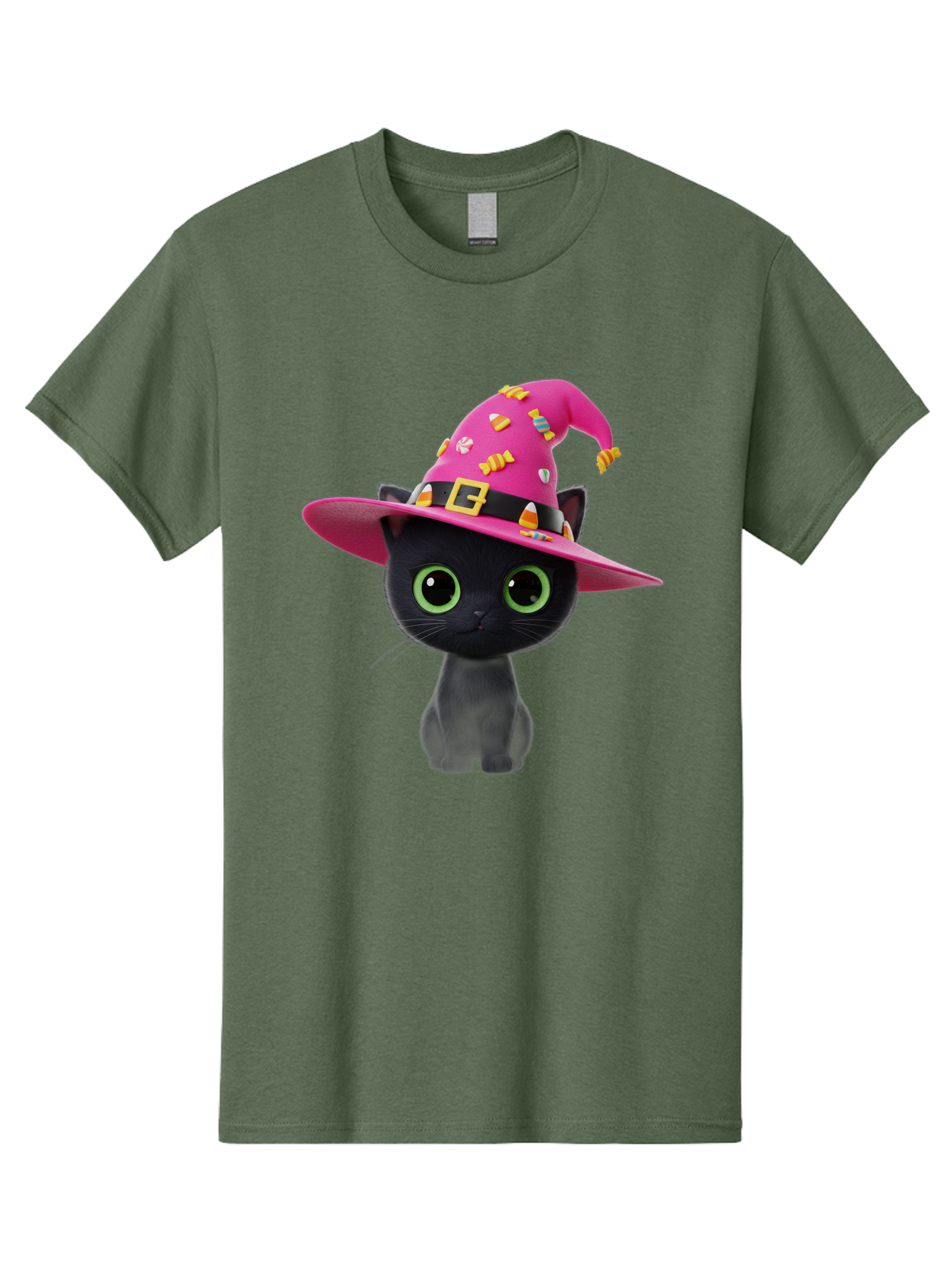 Black-Cat-With-Pink-Witch-Hat Men'S Graphic Tee, 100% Cotton, Comfortable Casual Summer Wear, Machine Washable, Black Cat, Pink Witch Hat, Candy Decorations, Gold Buckle, Green Eyes, Cartoon Style, Whimsical Design, Halloween Theme, Bac630
