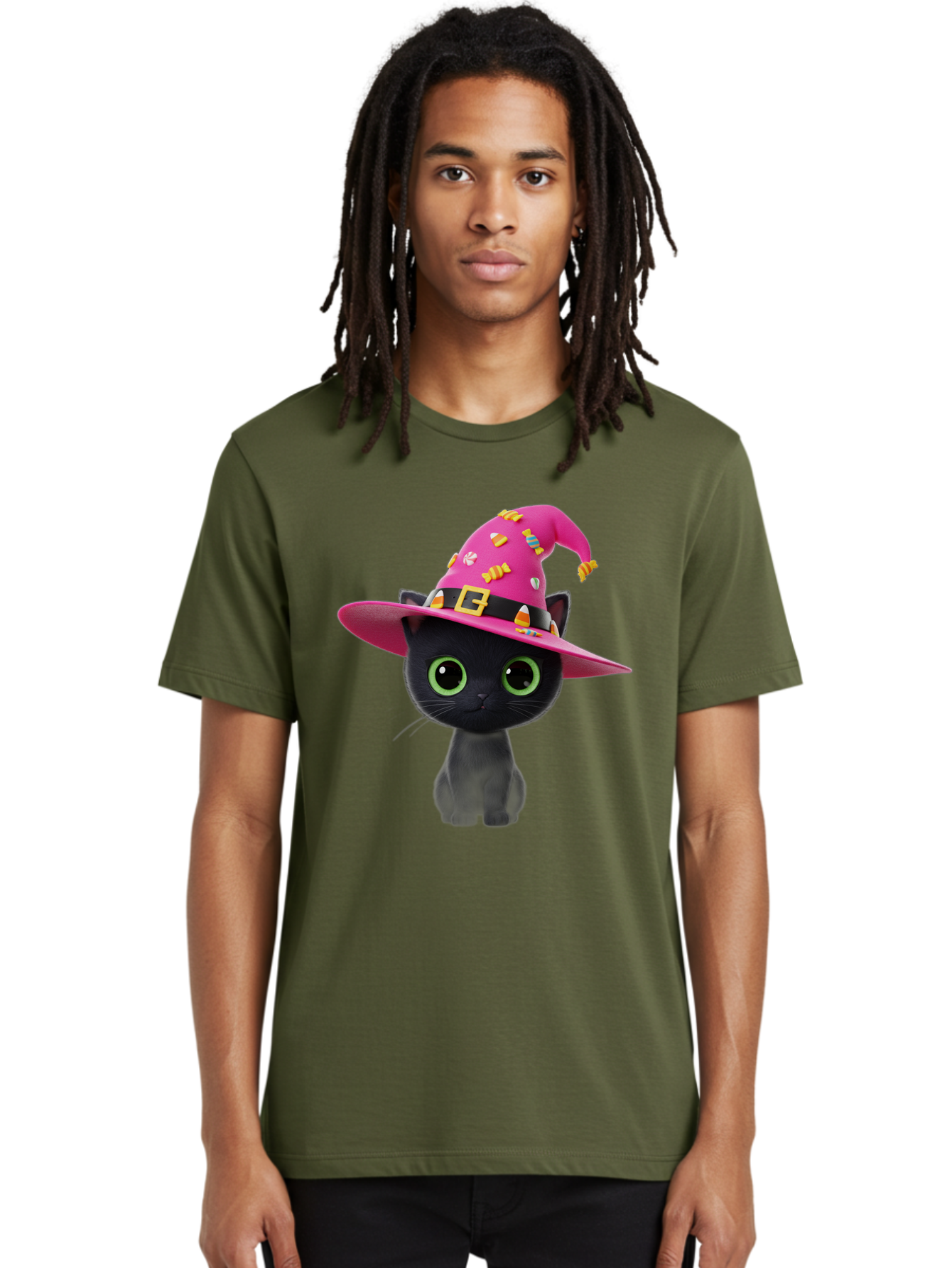 Black-Cat-With-Pink-Witch-Hat Men'S Graphic Tee, 100% Cotton, Comfortable Casual Summer Wear, Machine Washable, Black Cat, Pink Witch Hat, Candy Decorations, Gold Buckle, Green Eyes, Cartoon Style, Whimsical Design, Halloween Theme, Bac630